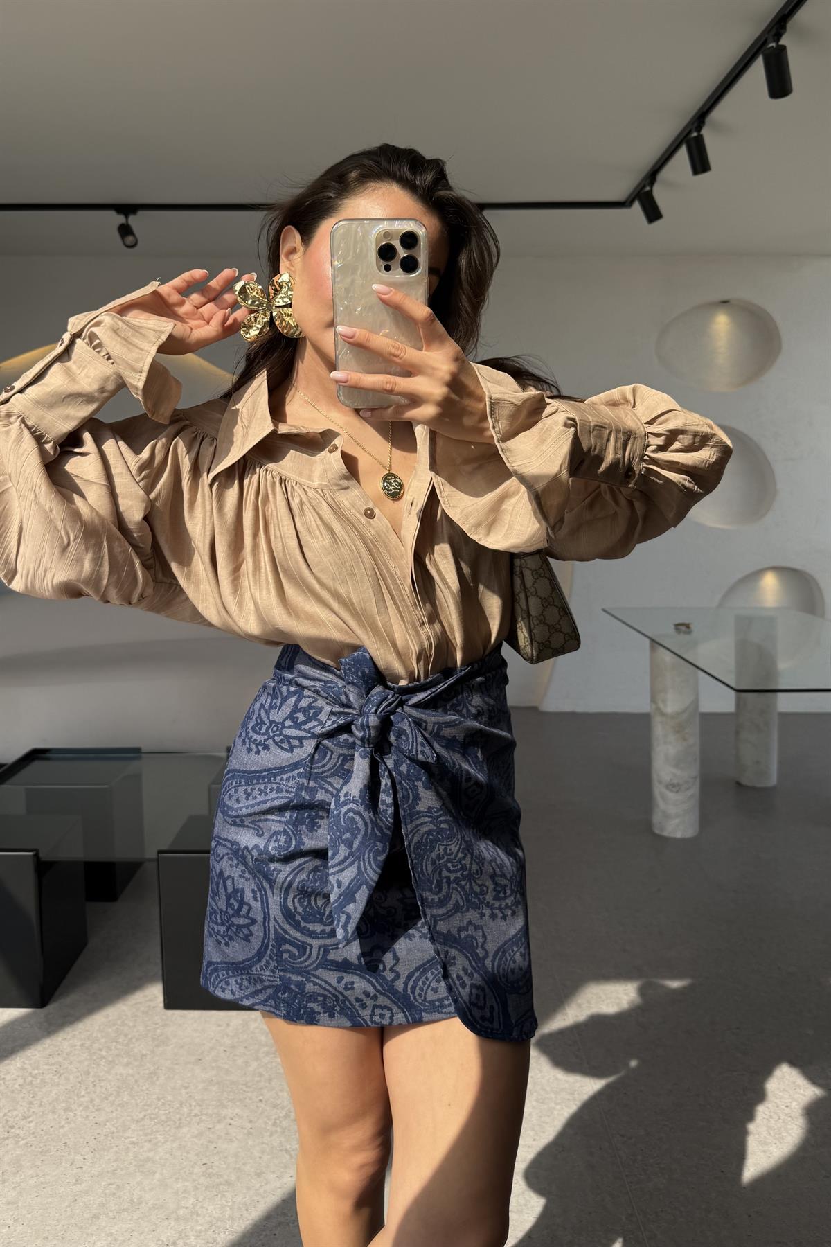 Olive Desenli Yandan Bağlamalı Denim Etek