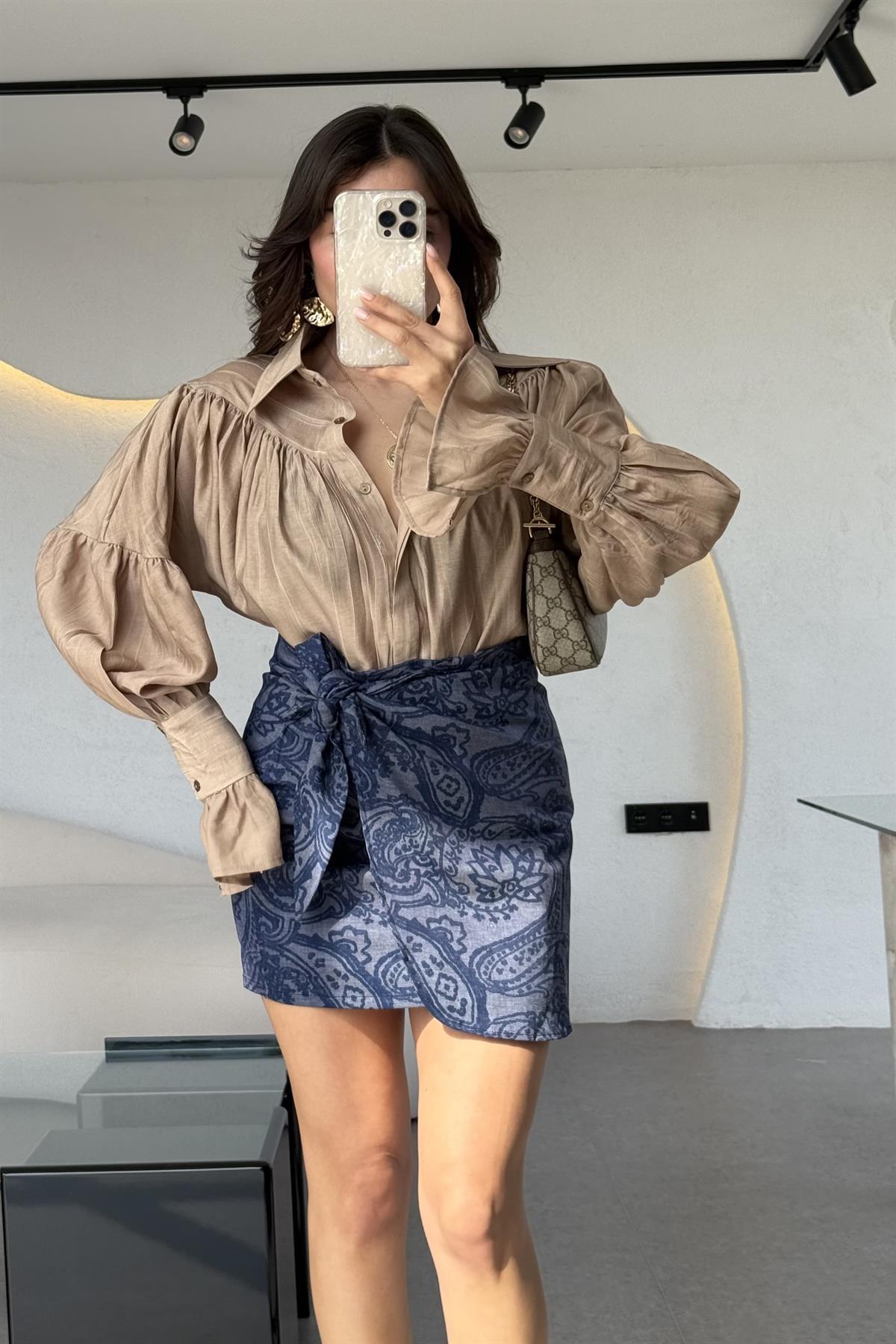 Olive Desenli Yandan Bağlamalı Denim Etek