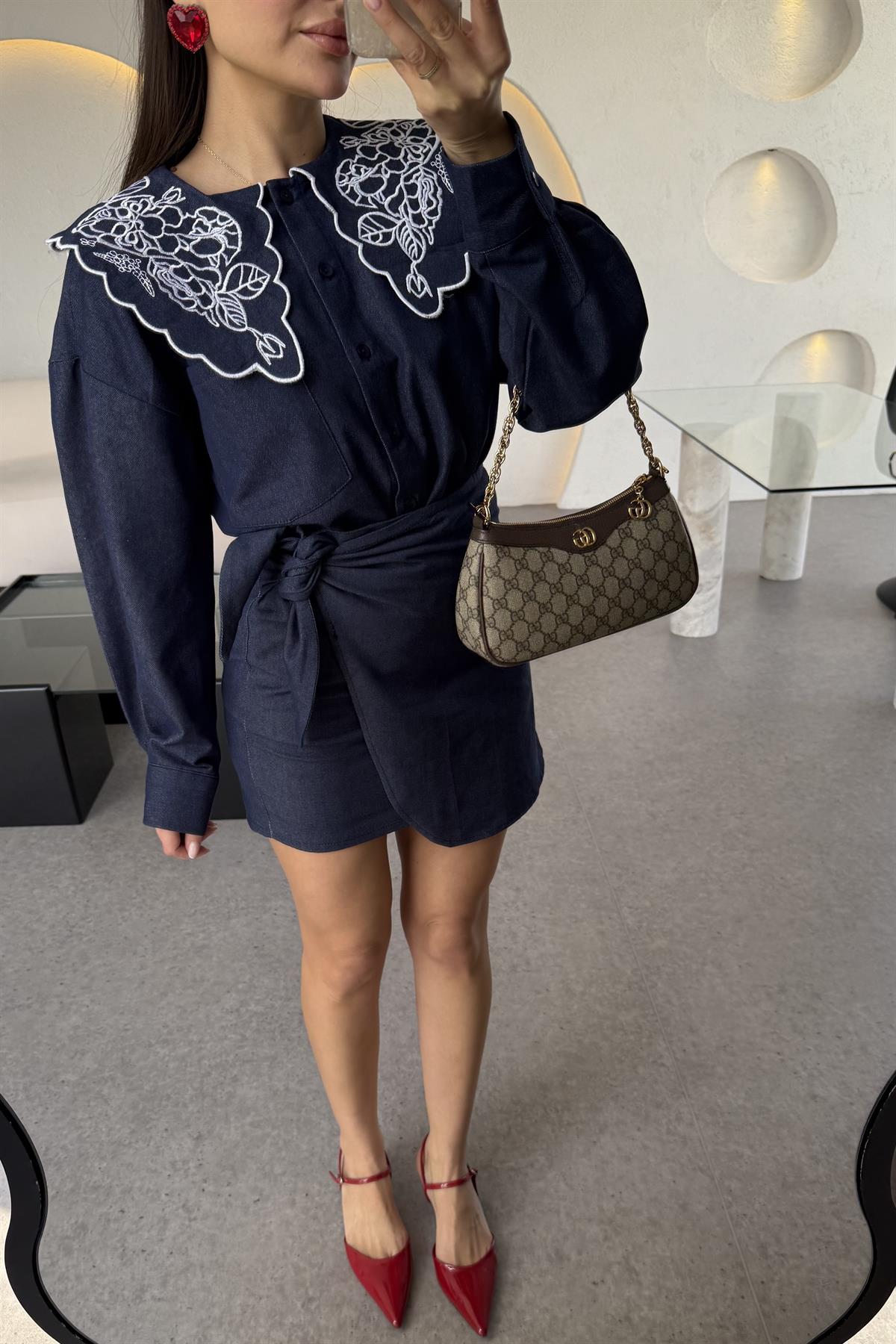 Olive Lacivert Bebe Yaka Nakışlı Denim Gömlek