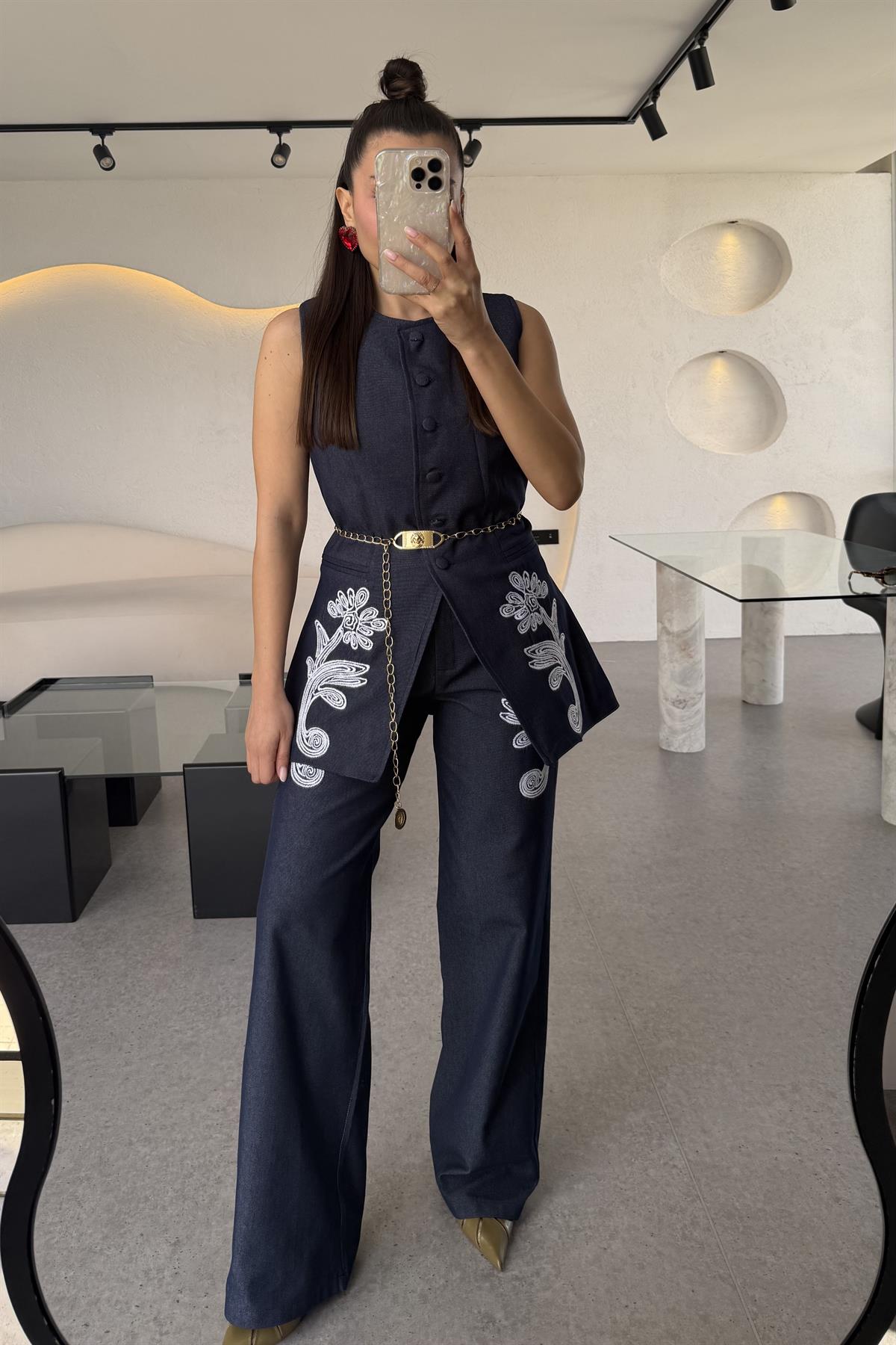 Olive Lacivert Nakışlı Denim Takım 