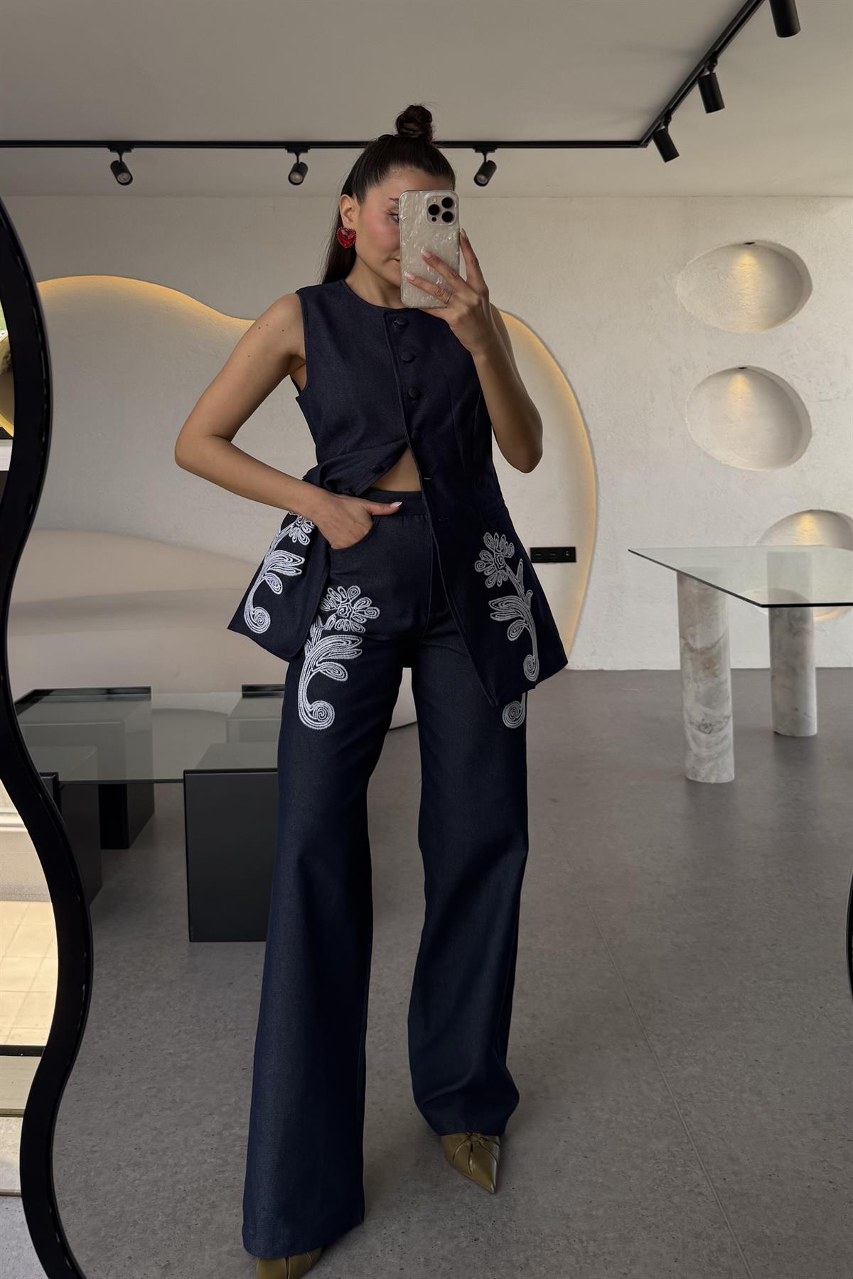Olive Lacivert Nakışlı Denim Takım 