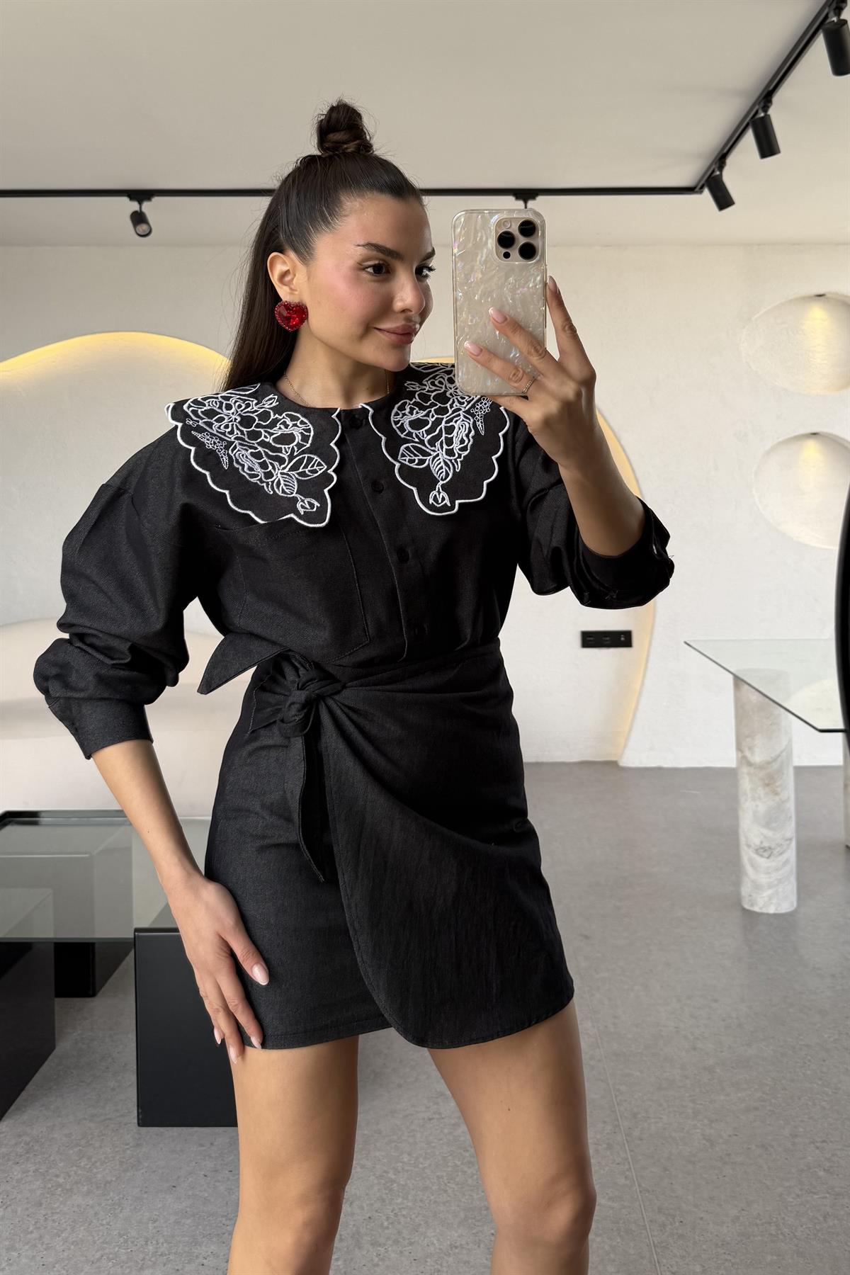 Olive Siyah Bebe Yaka Nakışlı Denim Gömlek