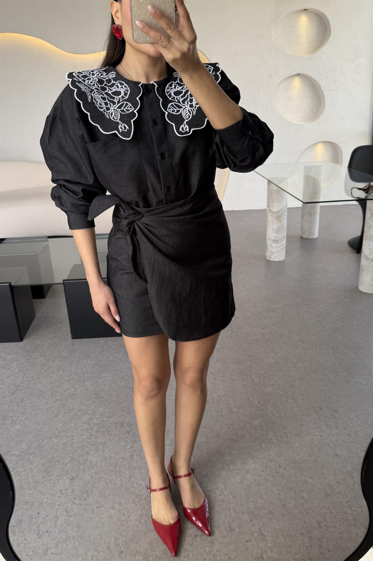 Olive Siyah Bebe Yaka Nakışlı Denim Gömlek