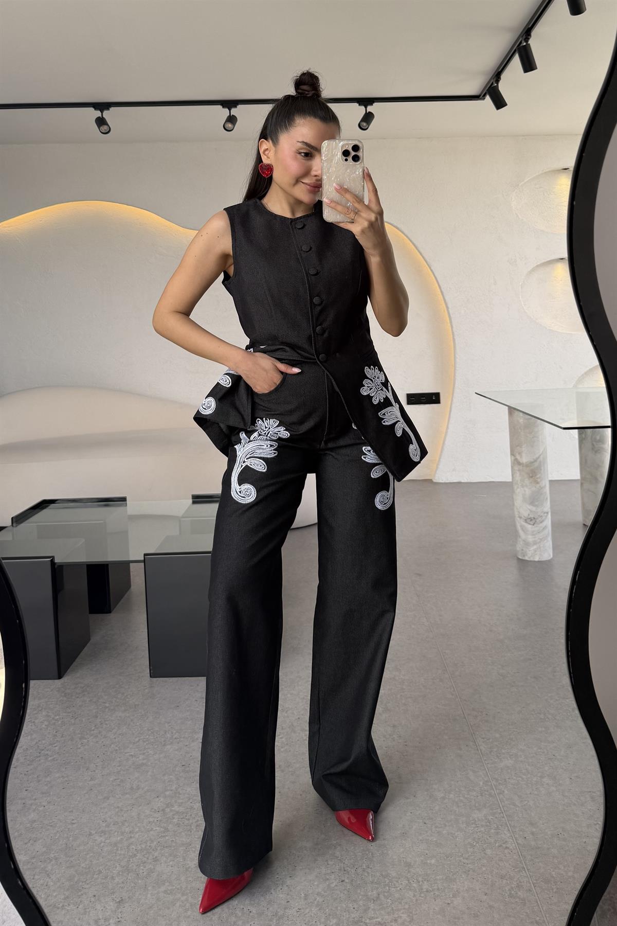 Olive Siyah Nakışlı Denim Takım 