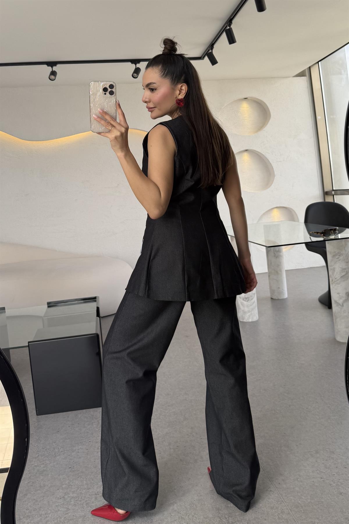 Olive Siyah Nakışlı Denim Takım 