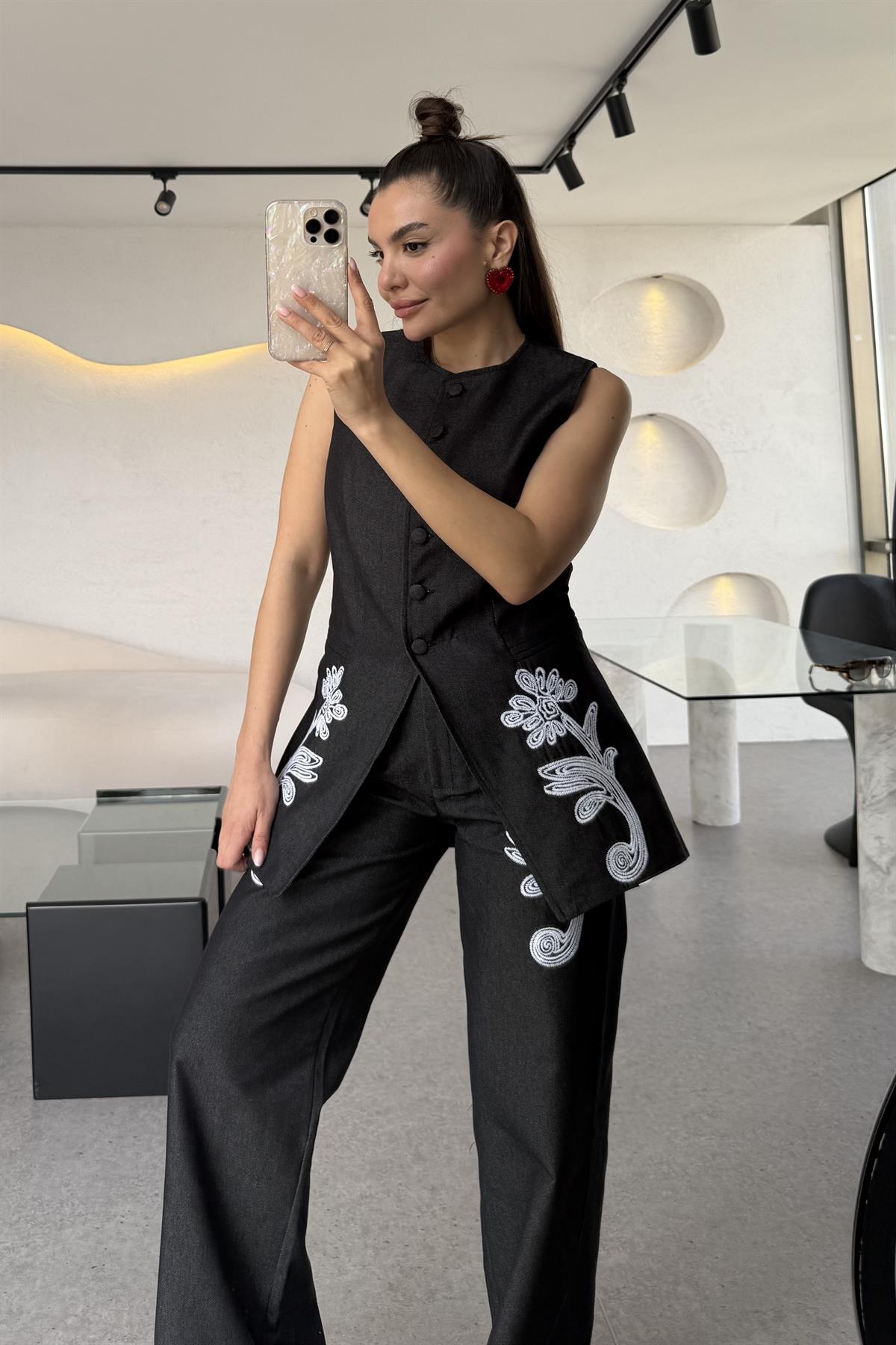 Olive Siyah Nakışlı Denim Takım 