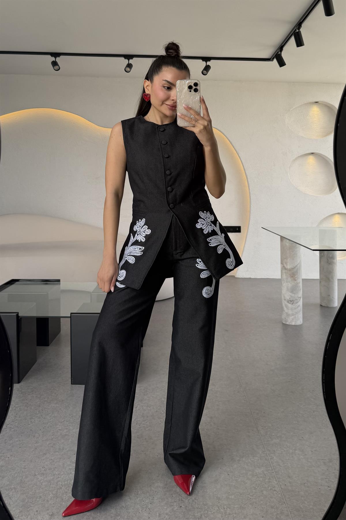 Olive Siyah Nakışlı Denim Takım 