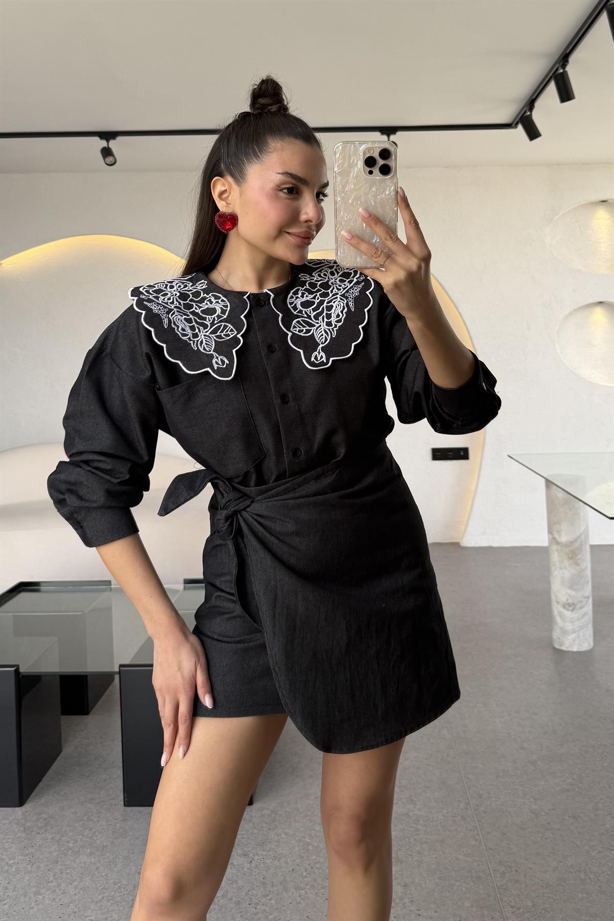 Olive Siyah Yandan Bağlamalı Denim Etek