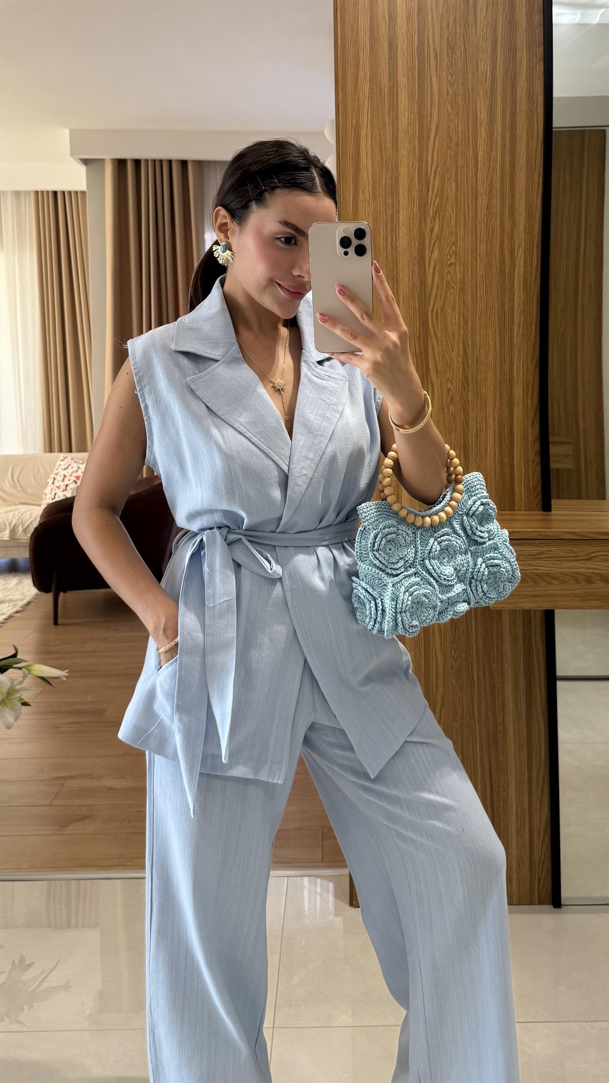 Olivina Mavi Kemerli Premium Keten Takım