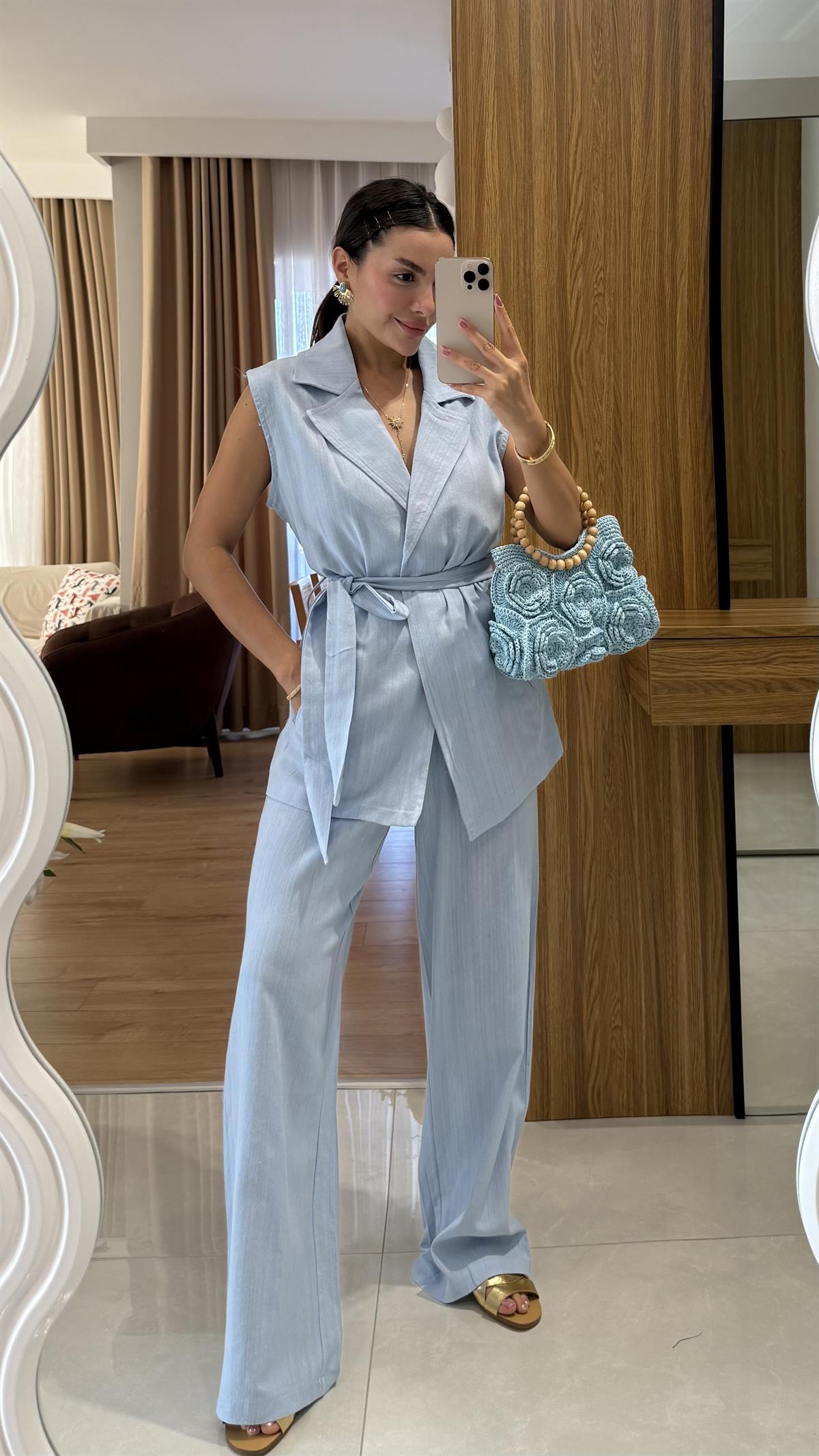 Olivina Mavi Kemerli Premium Keten Takım