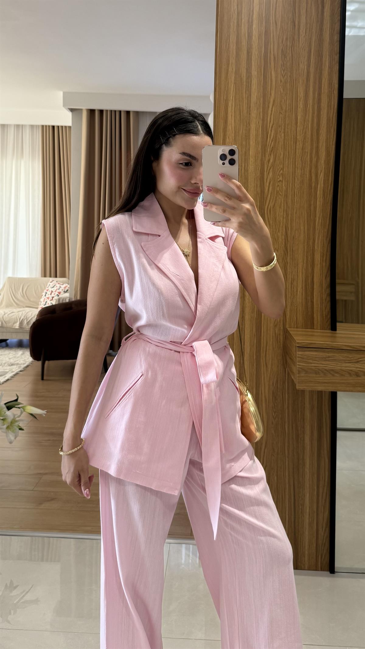 Olivina Pembe Kemerli Premium Keten Takım