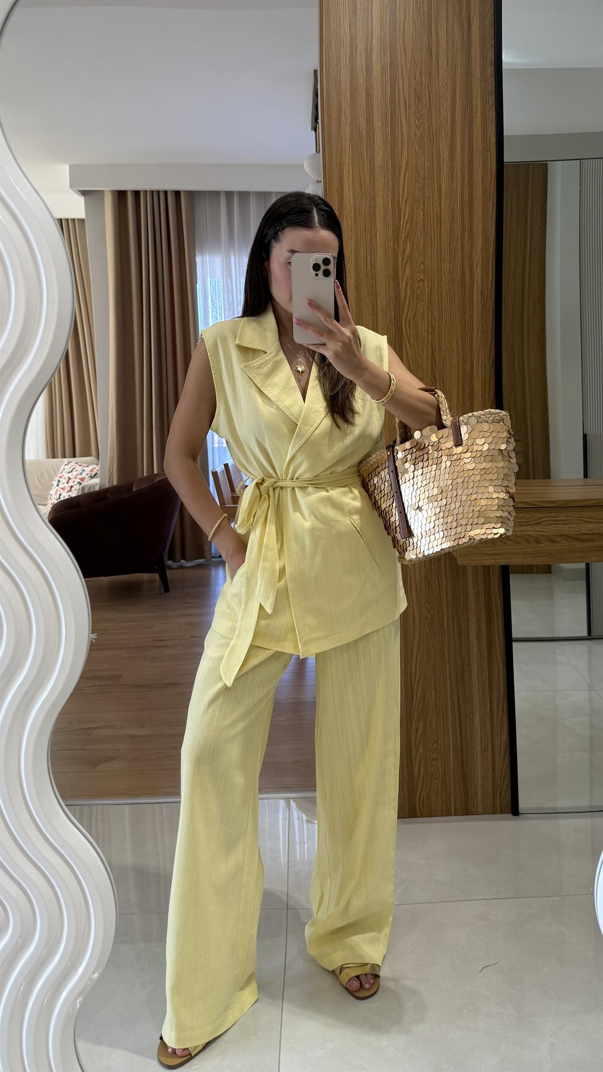 Olivina Sarı Kemerli Premium Keten Takım