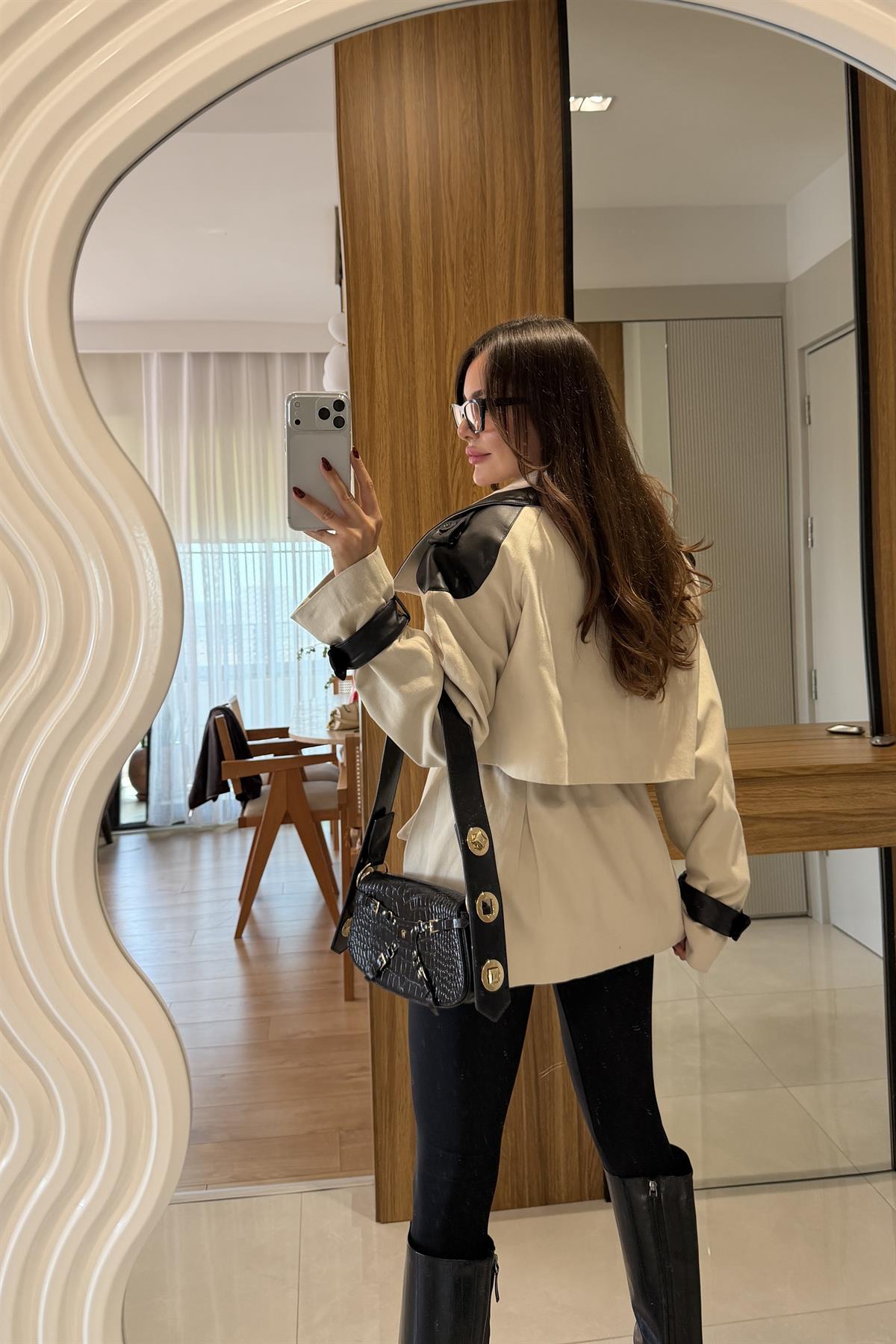 Olivka Deri Detaylı Gabardin Trenç