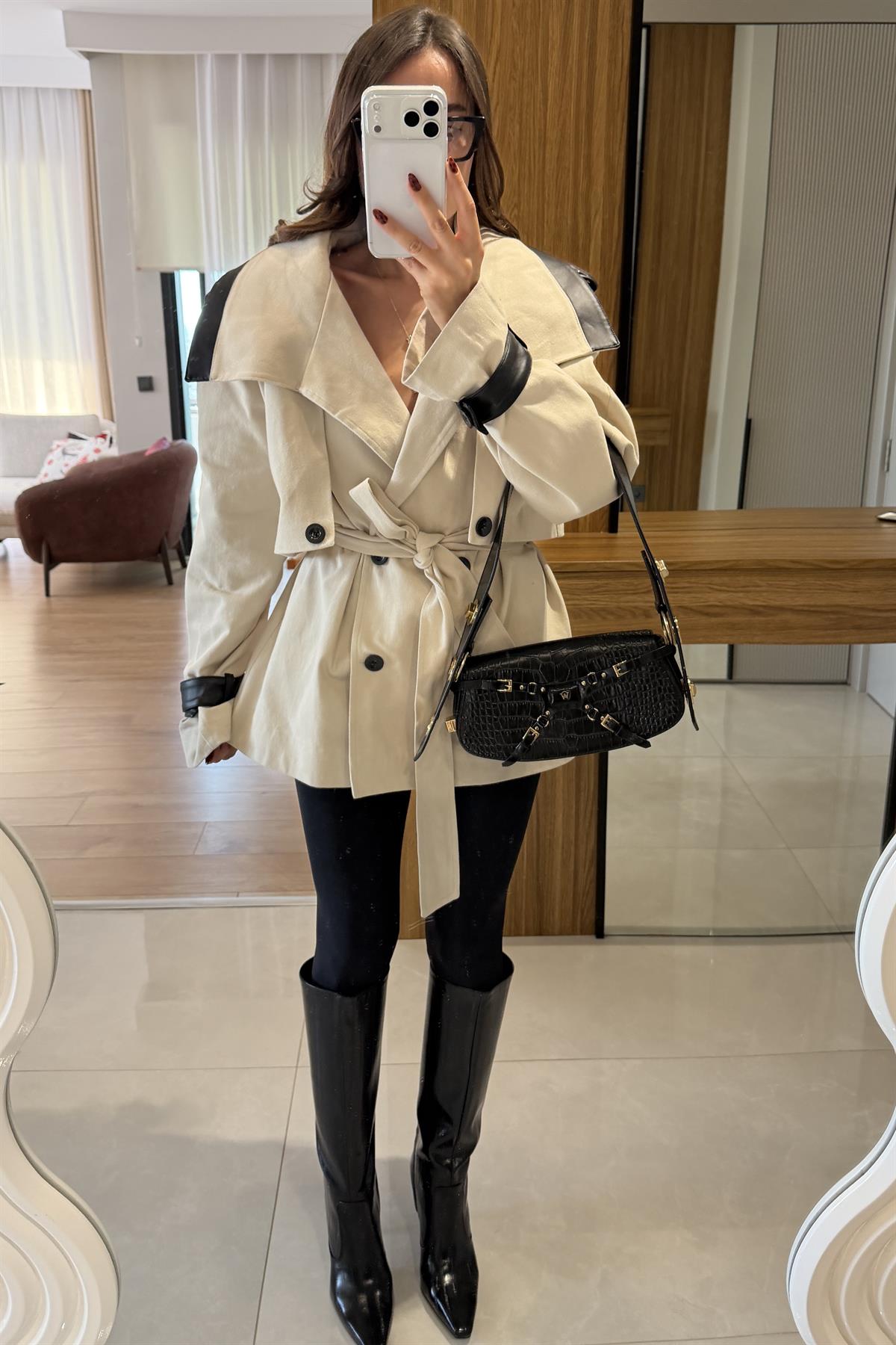 Olivka Deri Detaylı Gabardin Trenç