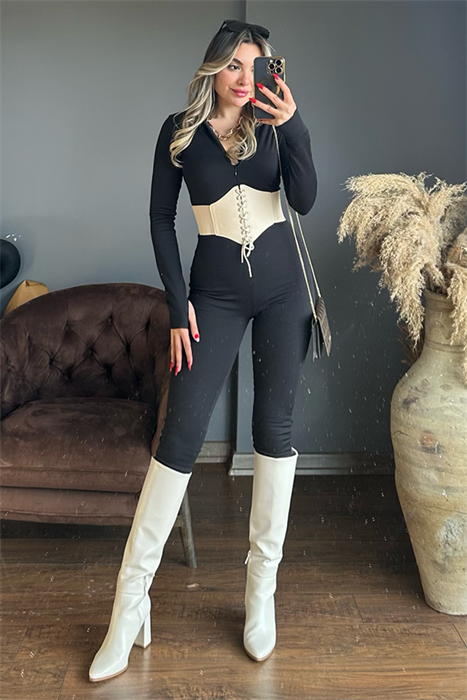 Önden fermuarlı şardonlu toparlayıcı tulum