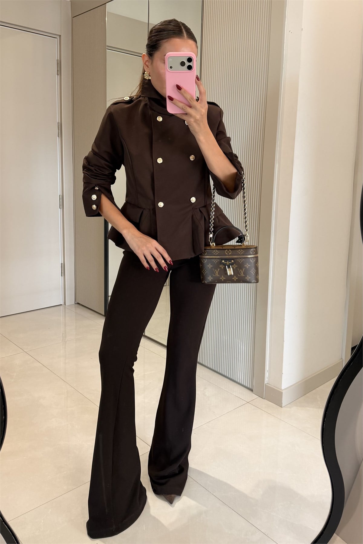 Ophelia Kahve Gold Düğmeli Peplum Blazer Ceket