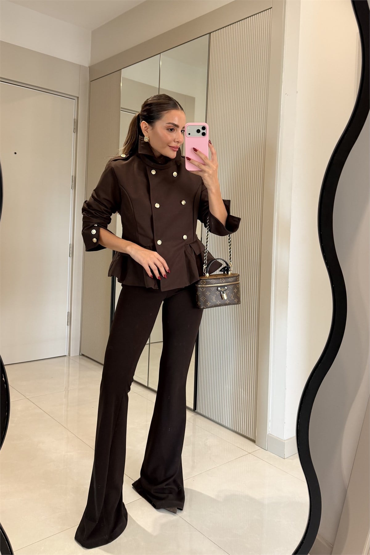 Ophelia Kahve Gold Düğmeli Peplum Blazer Ceket