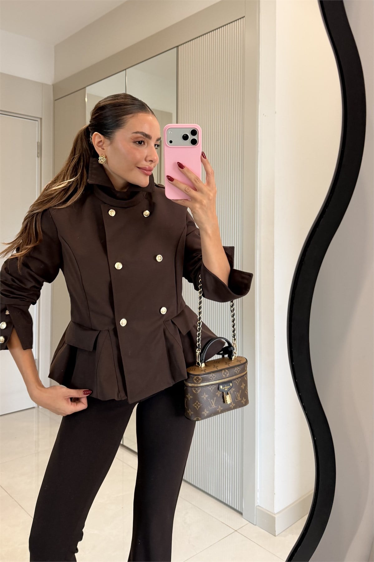Ophelia Kahve Gold Düğmeli Peplum Blazer Ceket