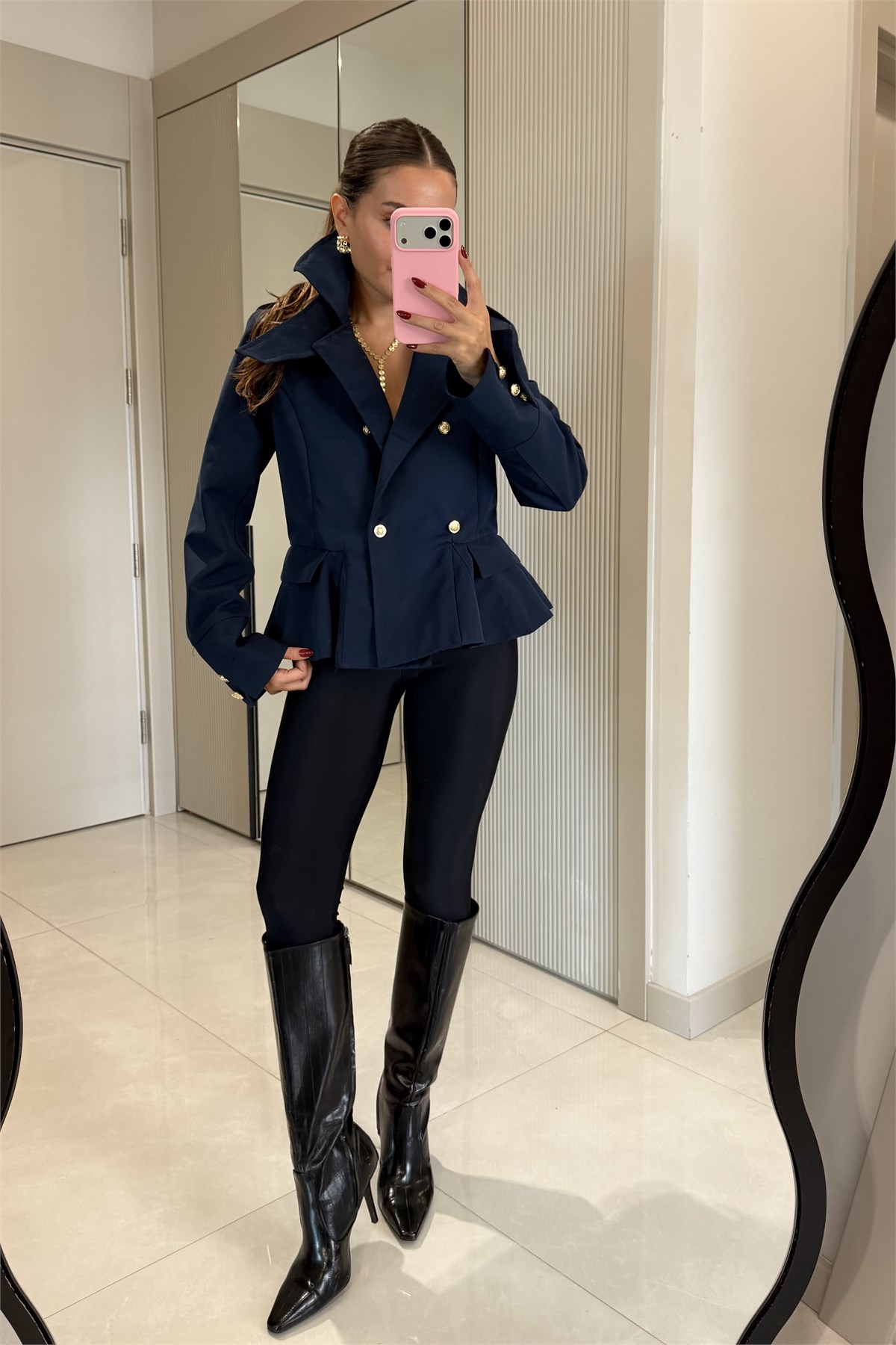 Ophelia Lacivert Gold Düğmeli Peplum Blazer Ceket