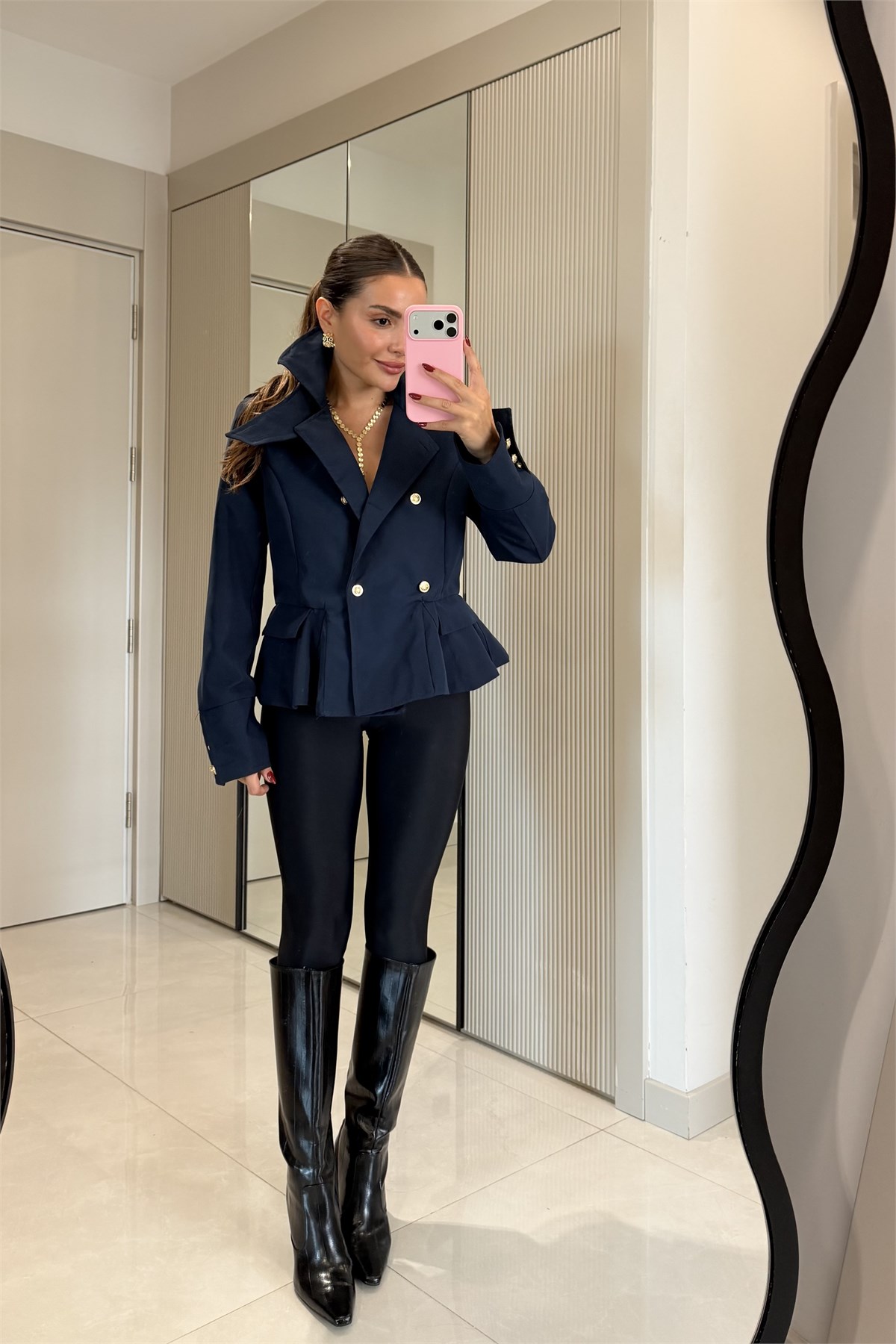 Ophelia Lacivert Gold Düğmeli Peplum Blazer Ceket