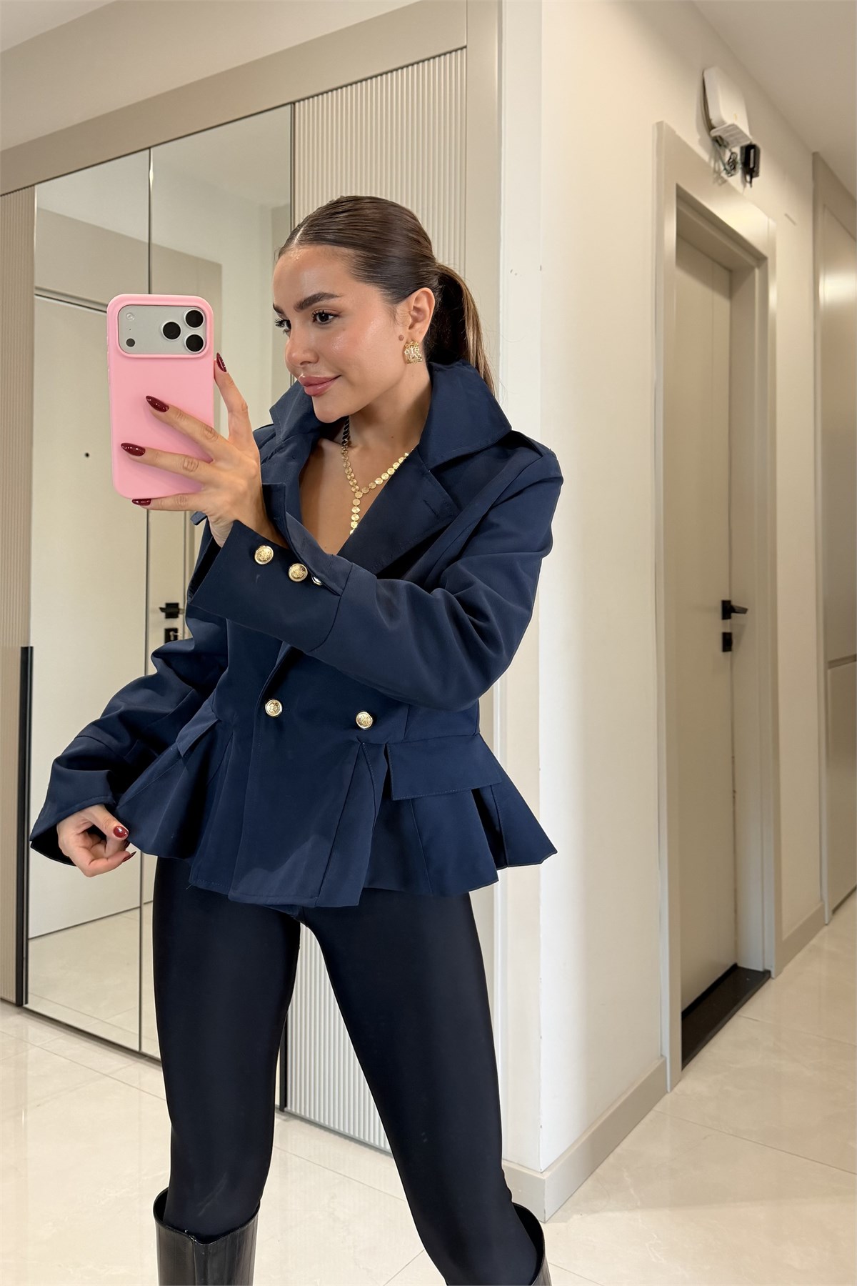 Ophelia Lacivert Gold Düğmeli Peplum Blazer Ceket