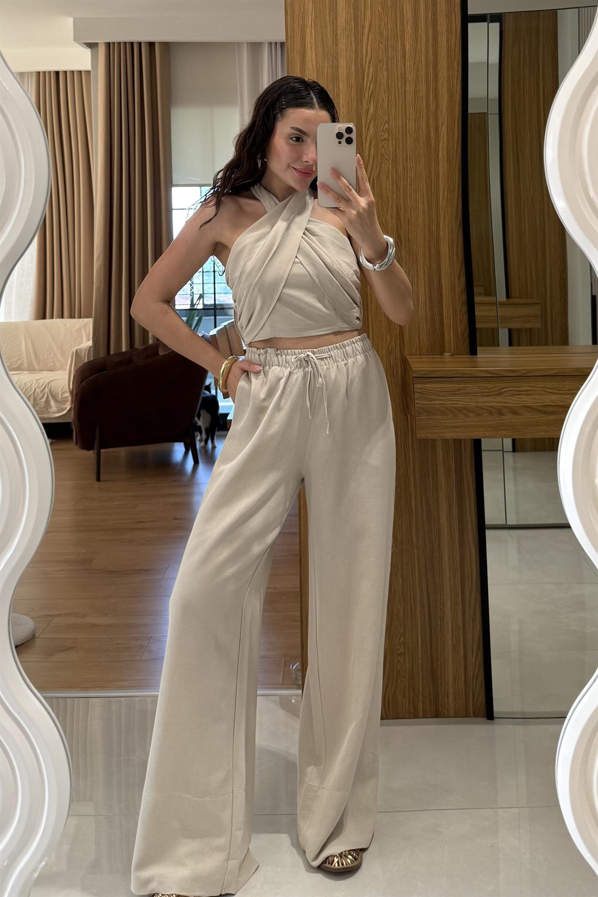 Ophira Bej Boyundan Bağlamalı Keten Takım