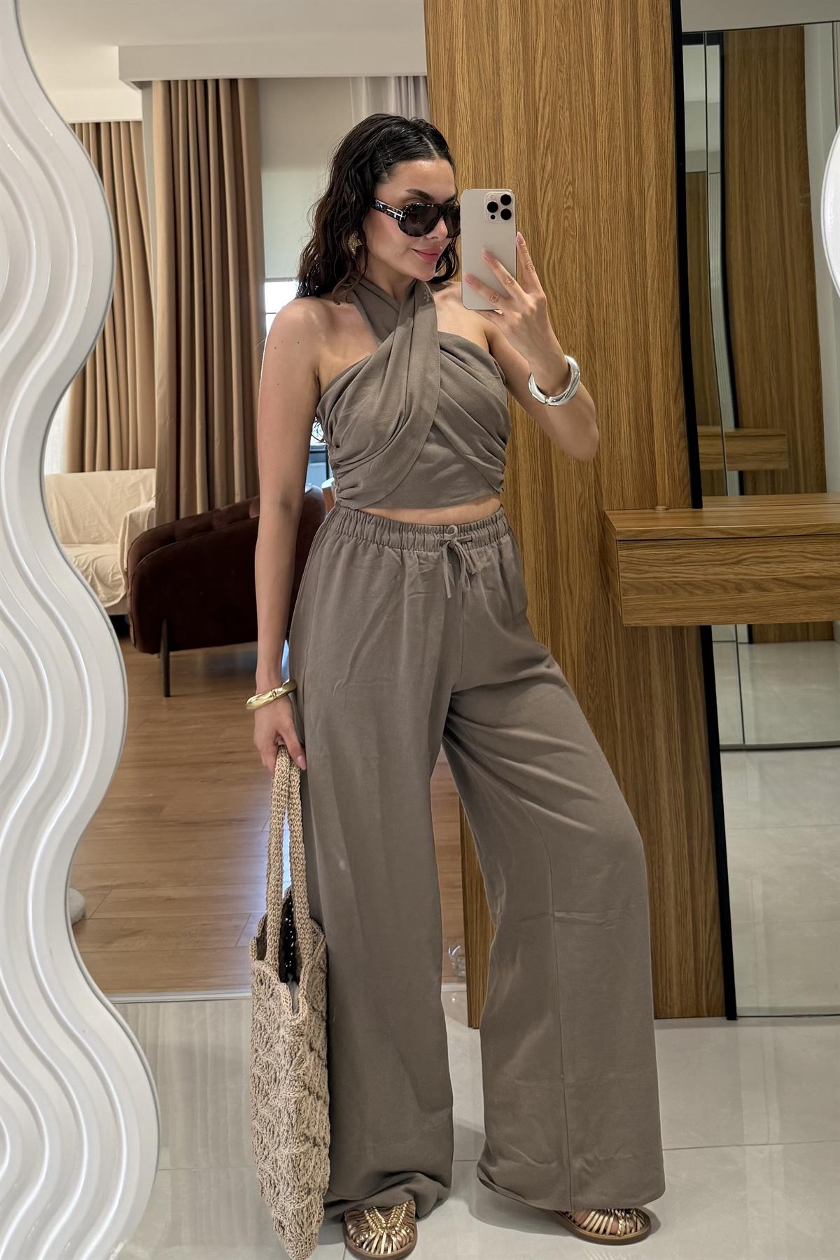 Ophira Vizon Boyundan Bağlamalı Keten Takım