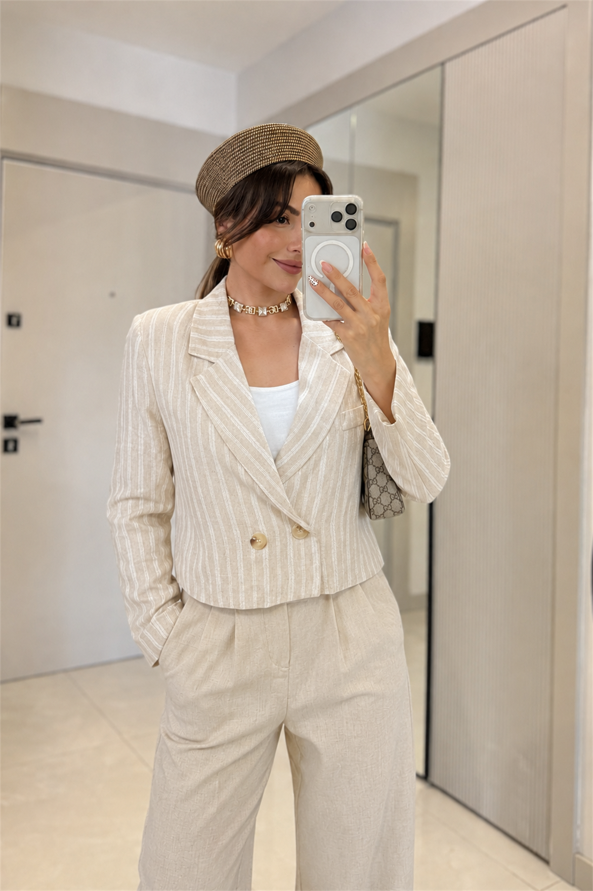 Option Çizgili Keten Blazer Ceket