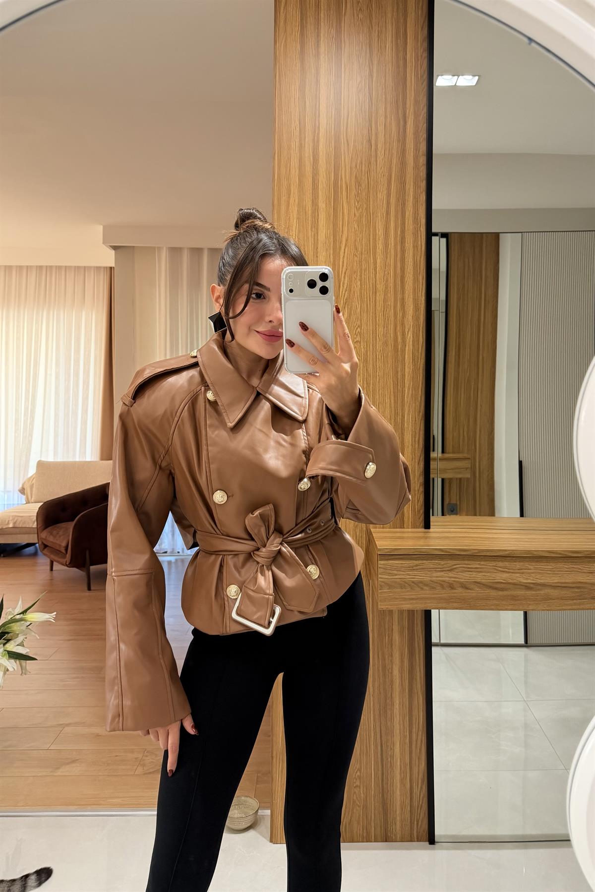 Orienne Taba Gold Düğmeli Deri Ceket