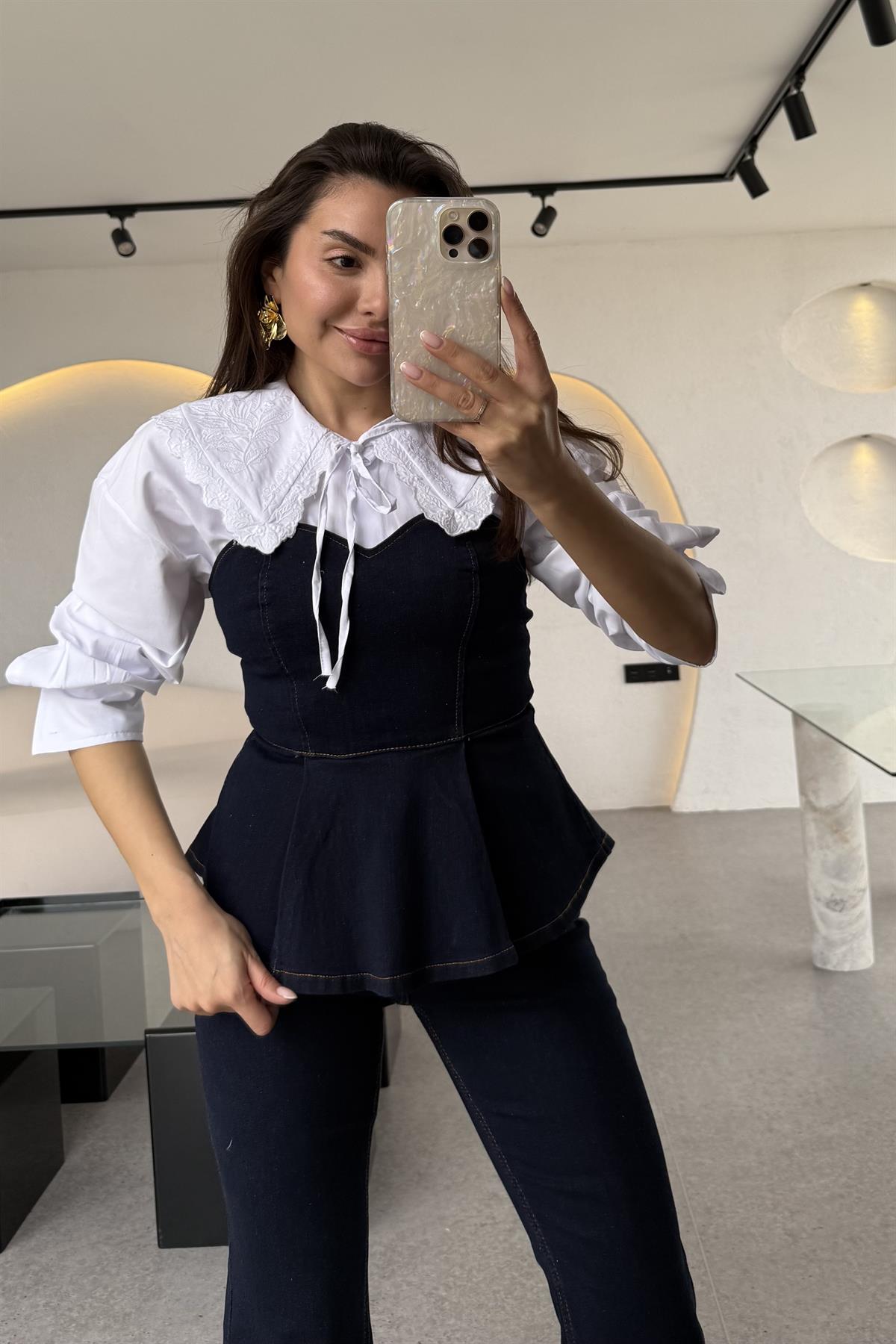 Oriente Denim Straplez Volanlı Takım