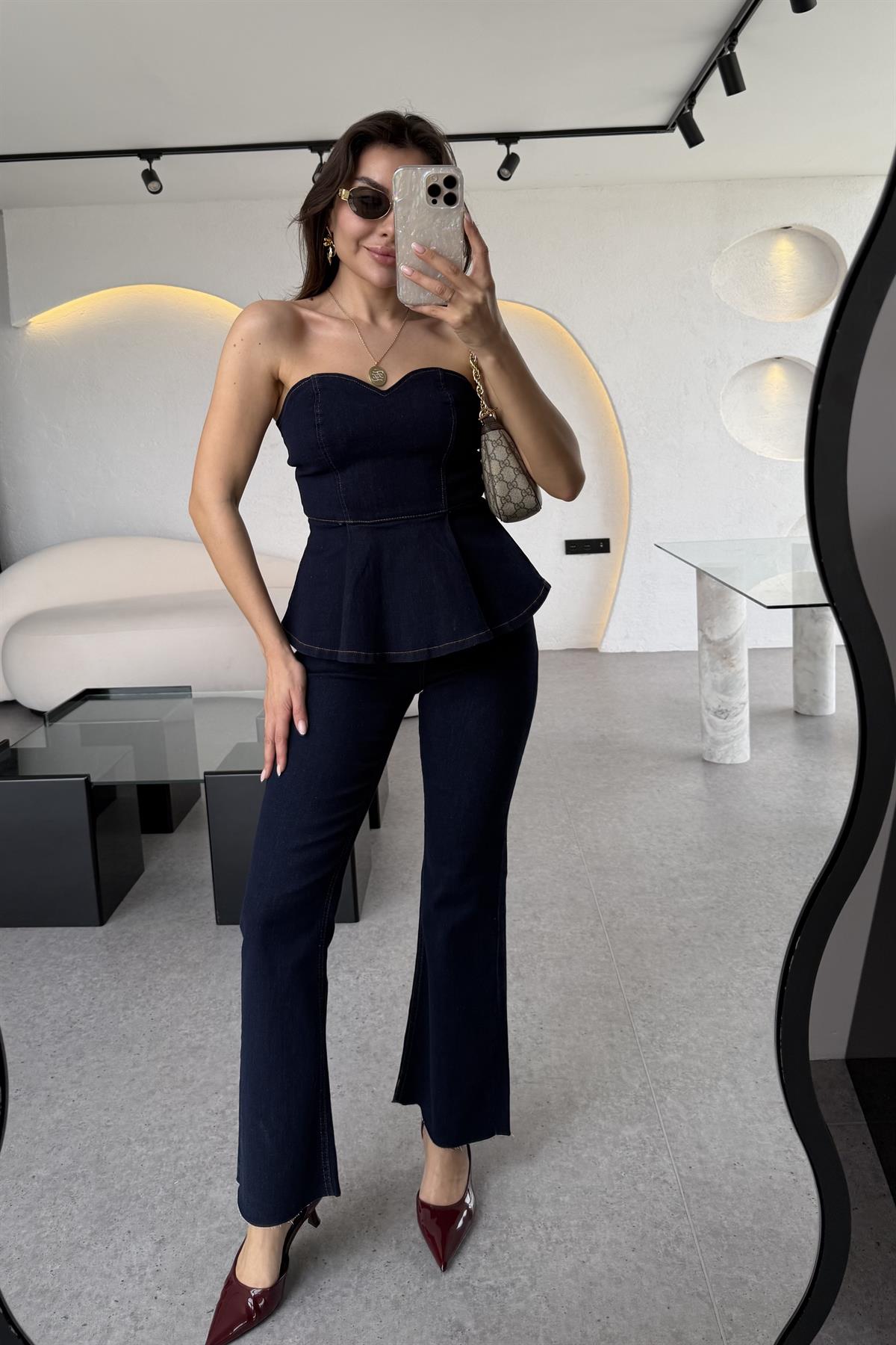 Oriente Denim Straplez Volanlı Takım