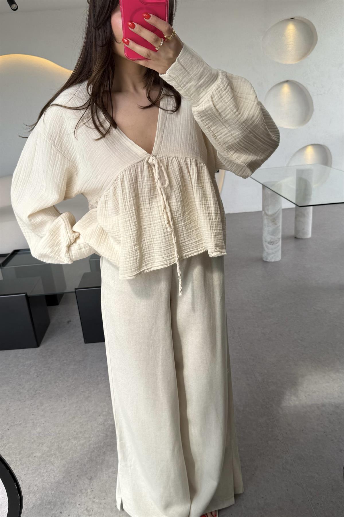 Orlando Bej V yaka Müslin Gömlek