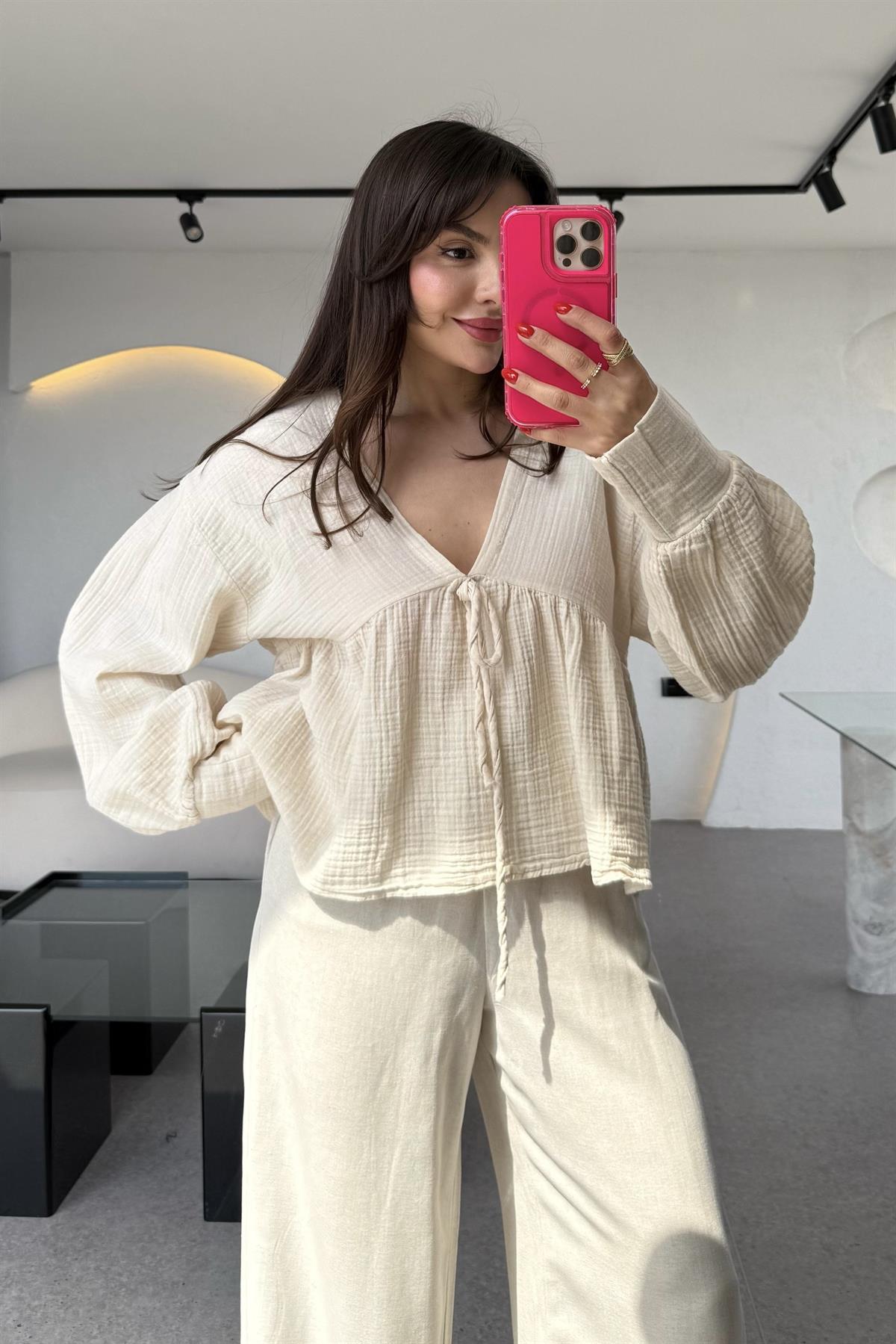 Orlando Bej V yaka Müslin Gömlek