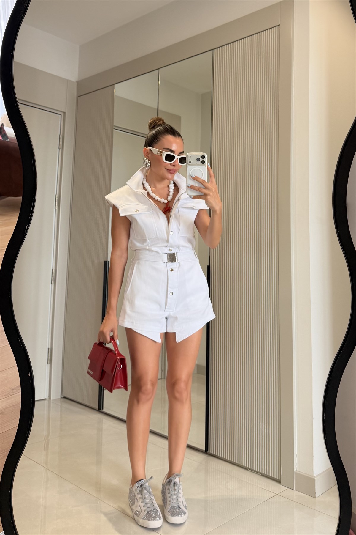 Orlando Beyaz Kemerli Denim Şort Tulum