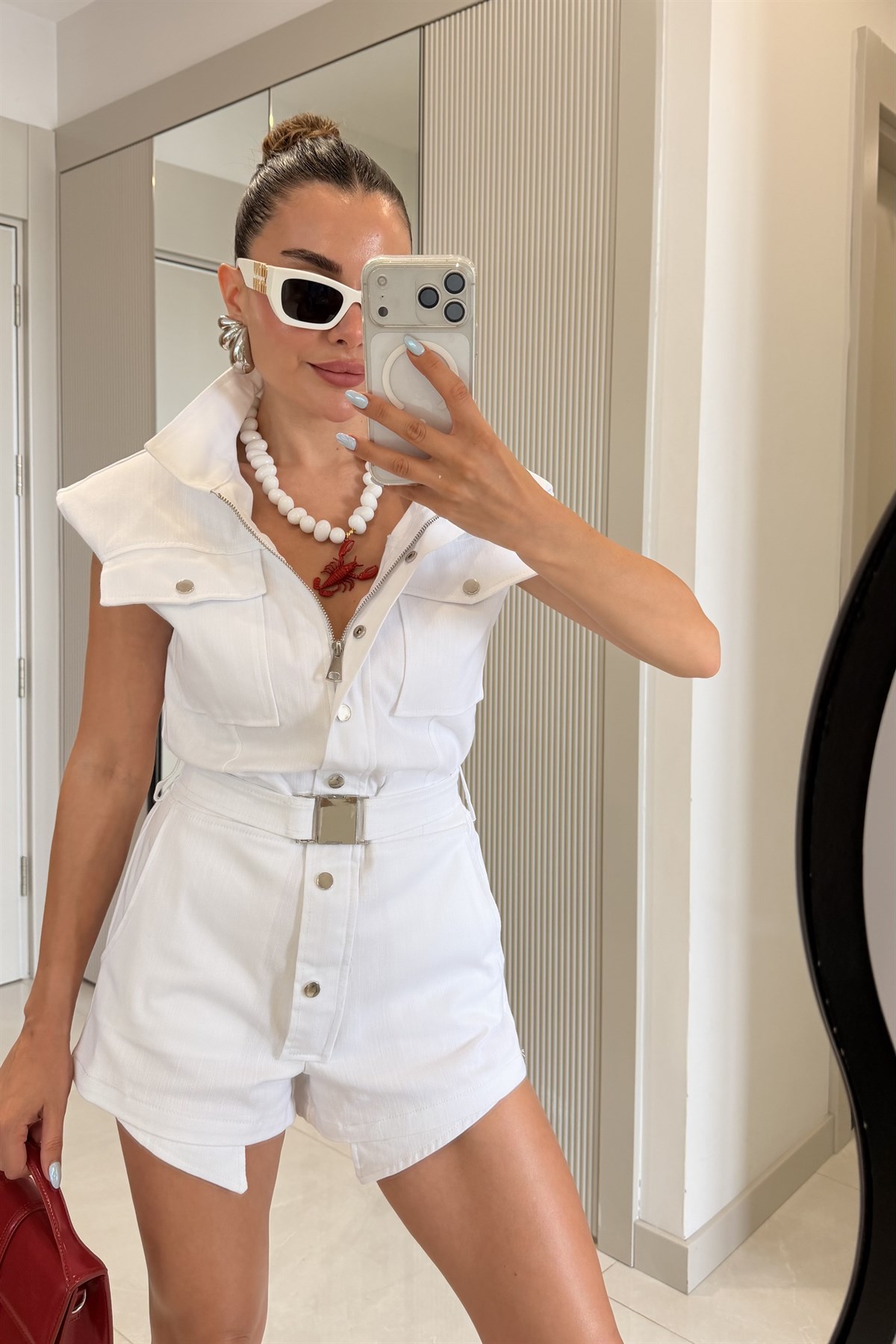 Orlando Beyaz Kemerli Denim Şort Tulum