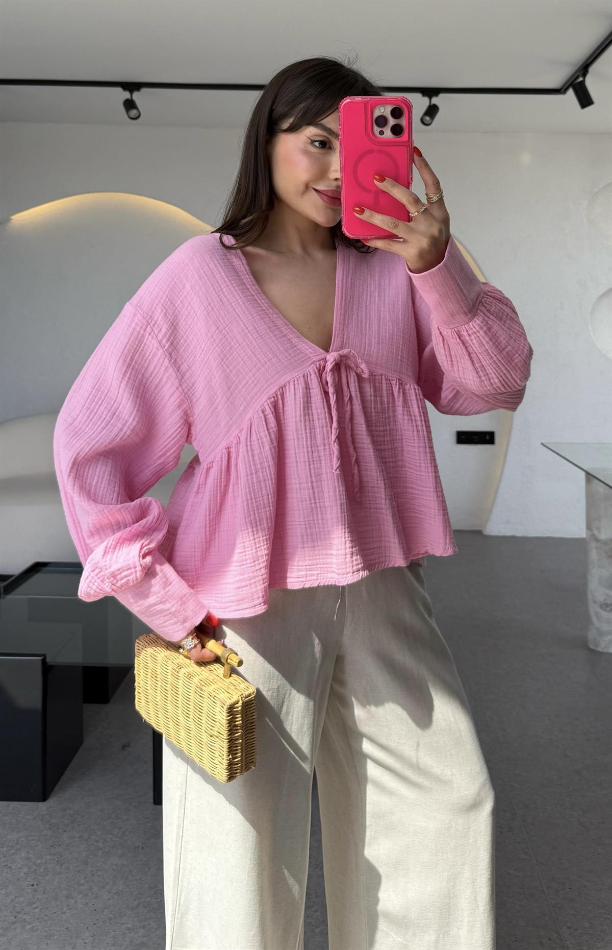 Orlando Pembe V yaka Müslin Gömlek