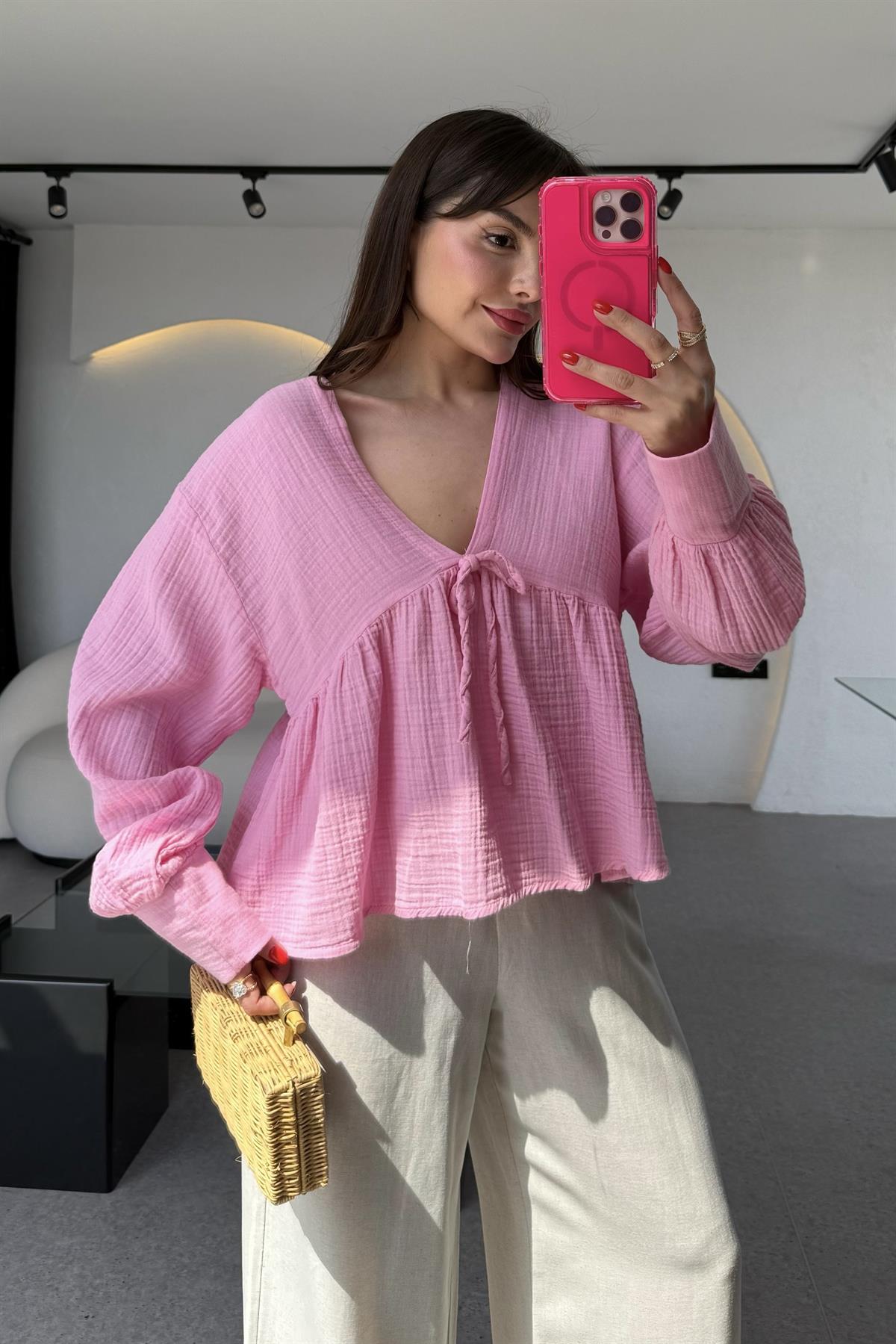 Orlando Pembe V yaka Müslin Gömlek