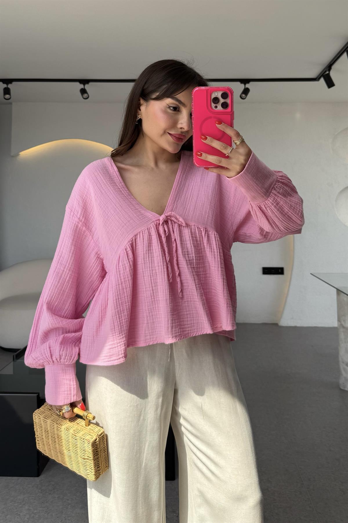 Orlando Pembe V yaka Müslin Gömlek