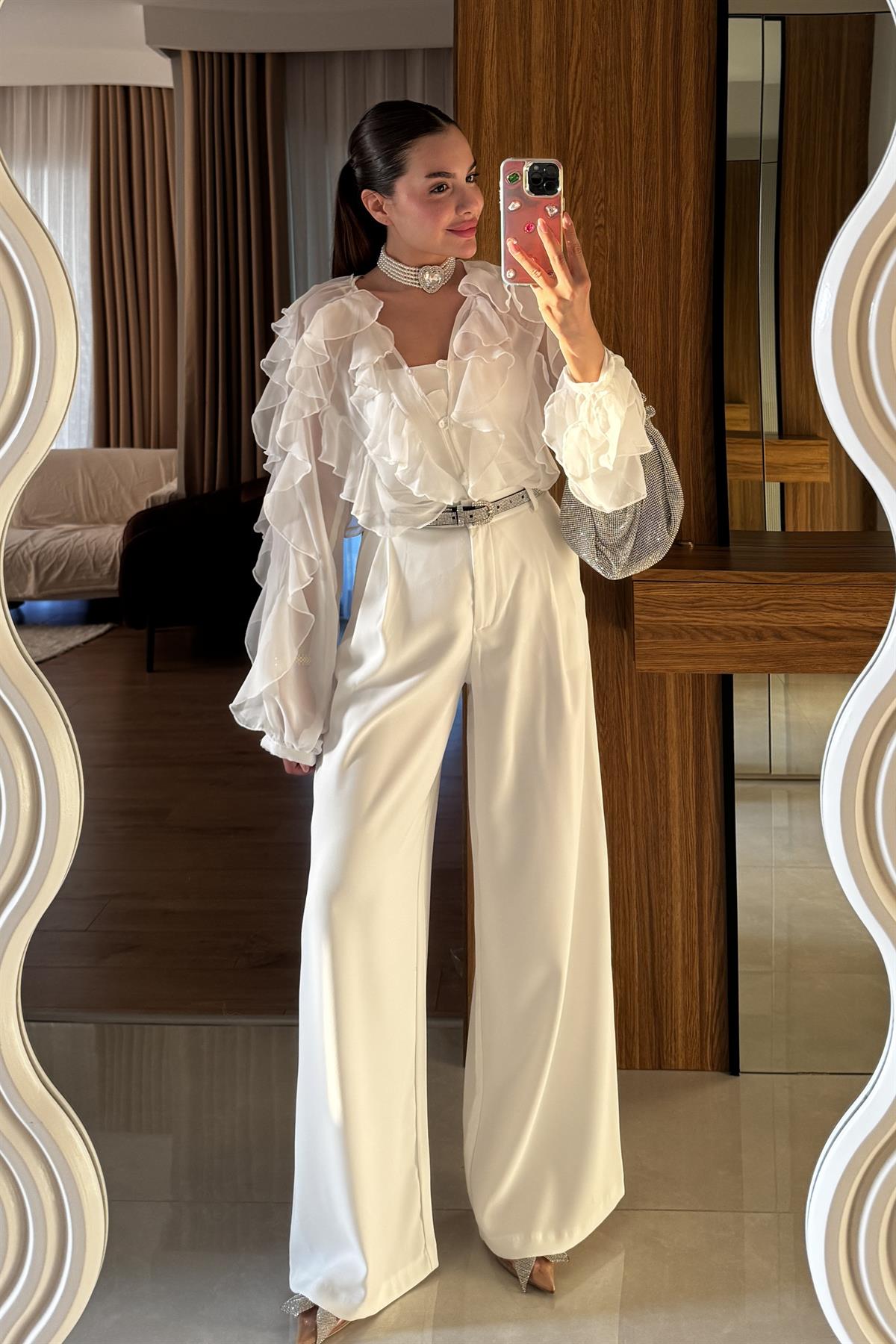 Orlina Beyaz Palazzo Pileli Pantolon