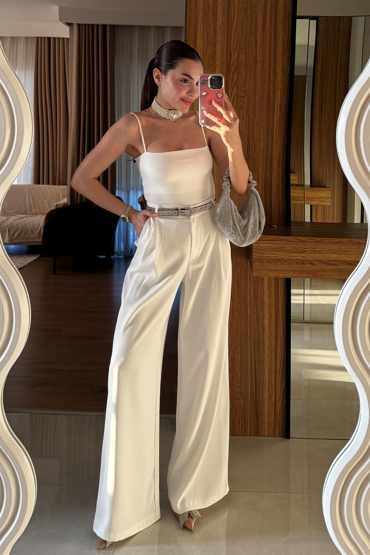 Orlina Beyaz Palazzo Pileli Pantolon