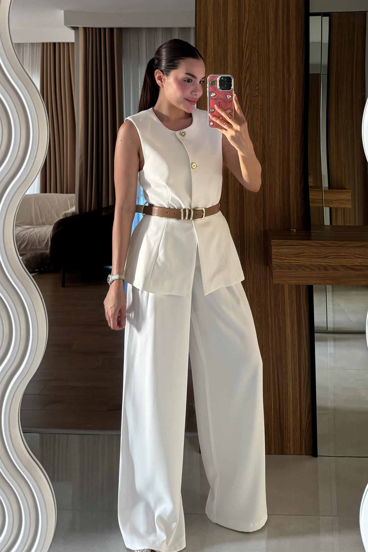 Orlina Beyaz Palazzo Pileli Pantolon