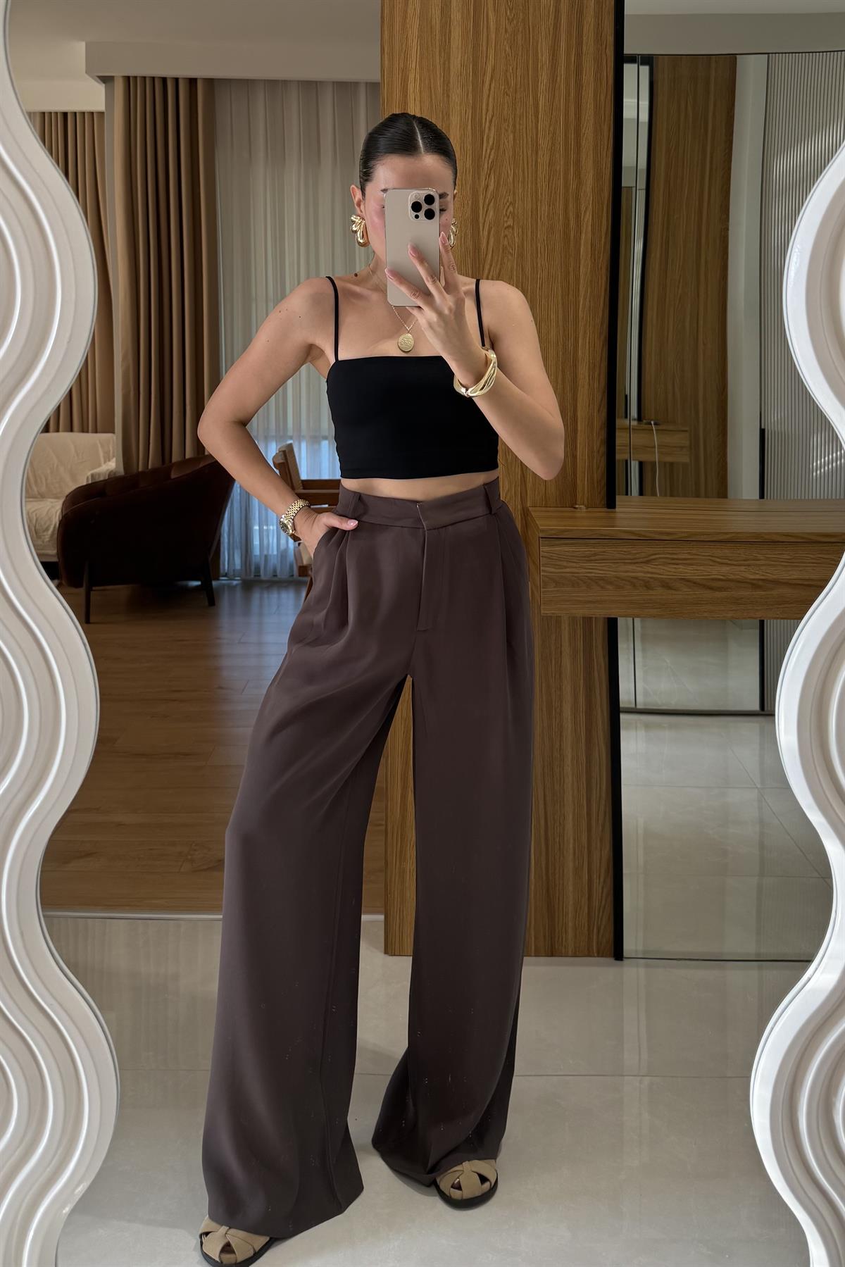 Orlina Kahve Palazzo Pileli Pantolon