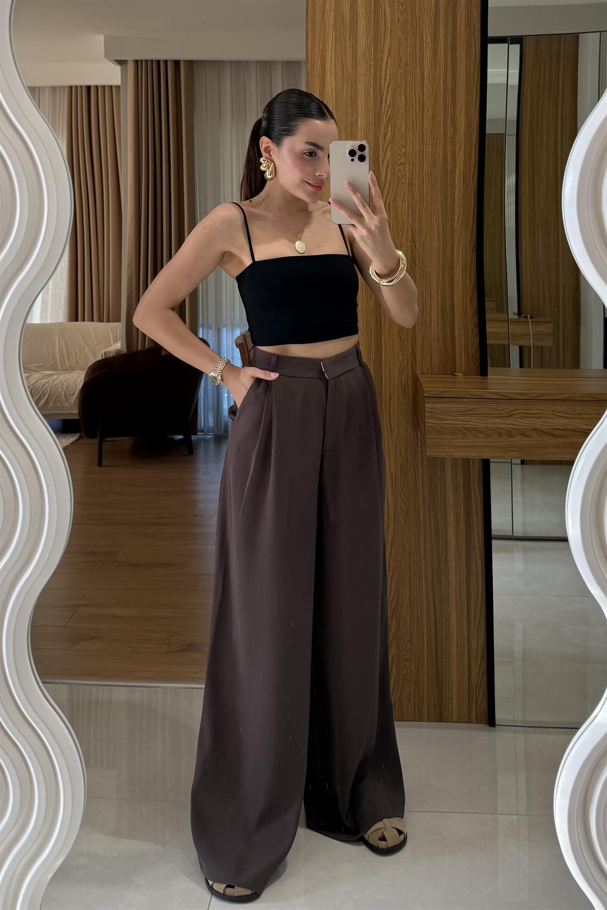 Orlina Kahve Palazzo Pileli Pantolon