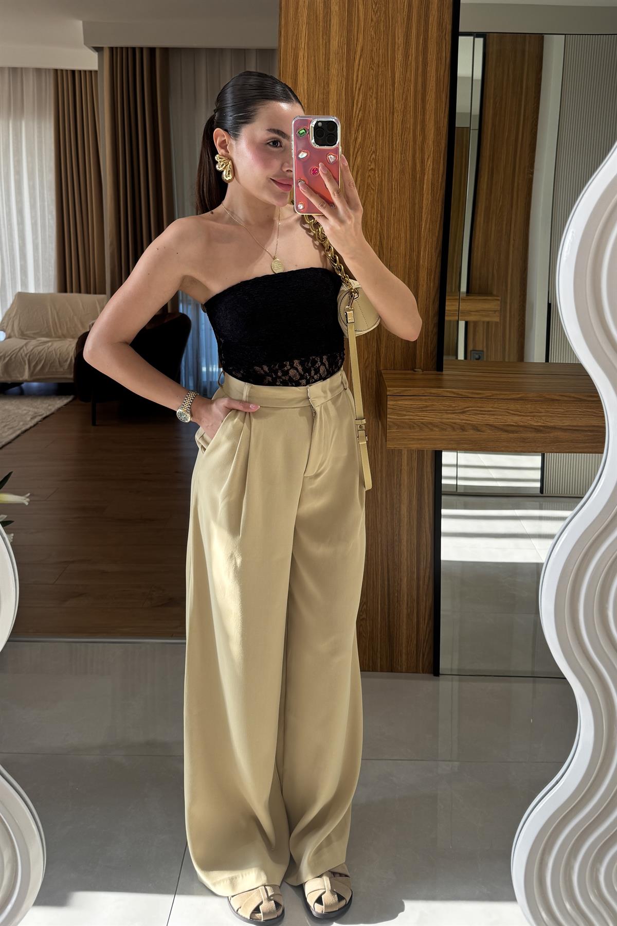 Orlina Sarı Palazzo Pileli Pantolon