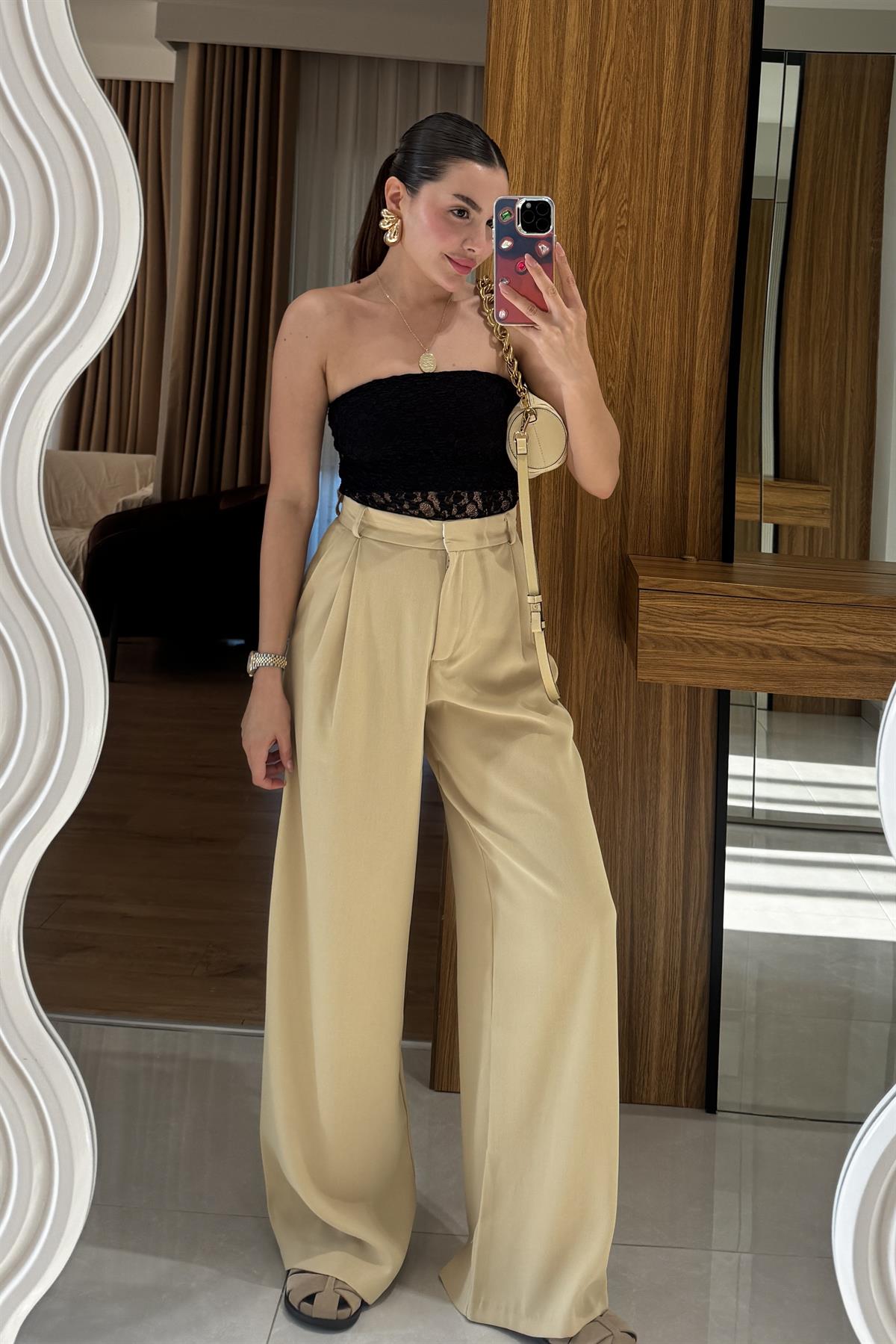 Orlina Sarı Palazzo Pileli Pantolon