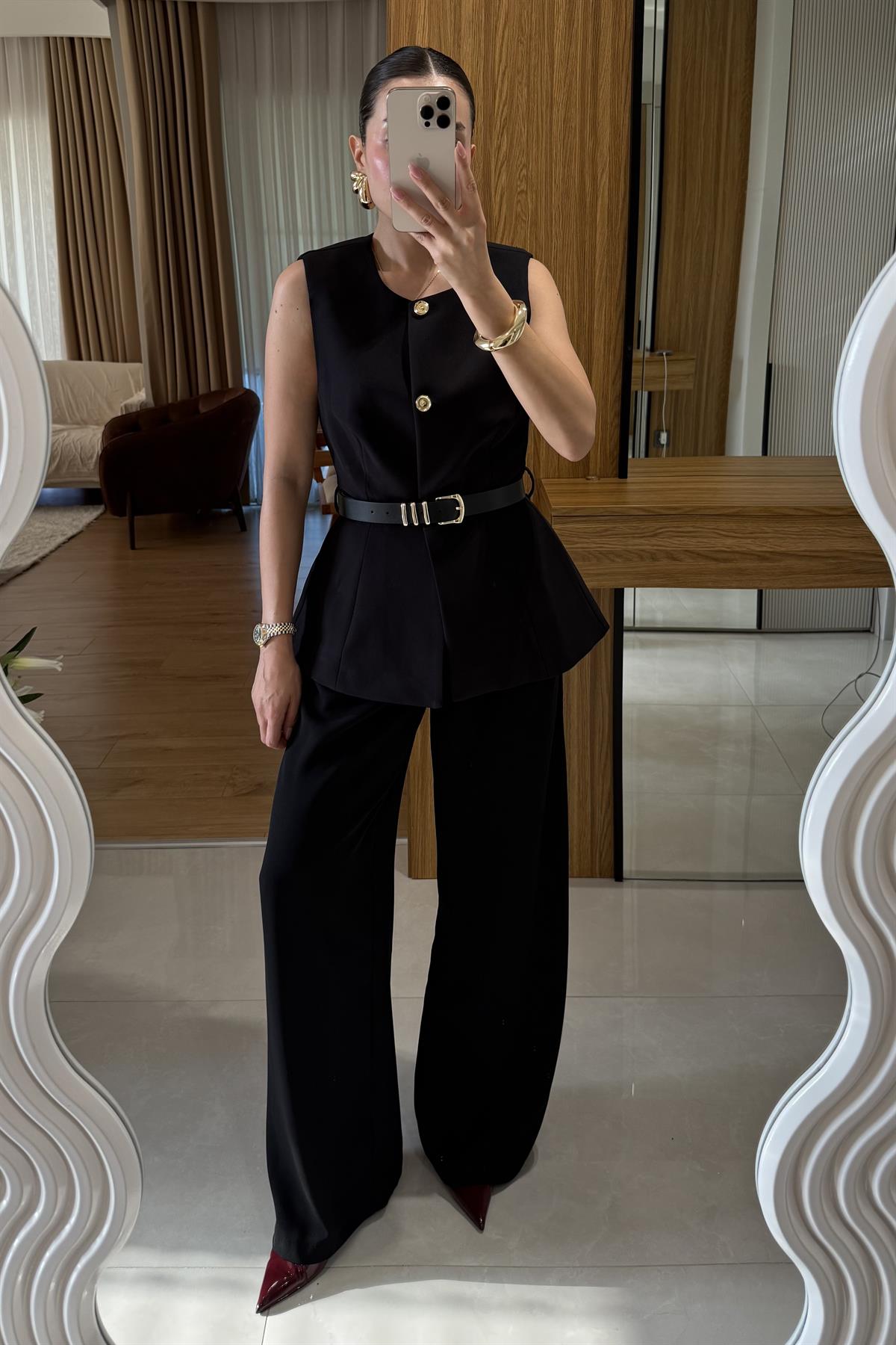 Orlina Siyah Palazzo Pileli Pantolon