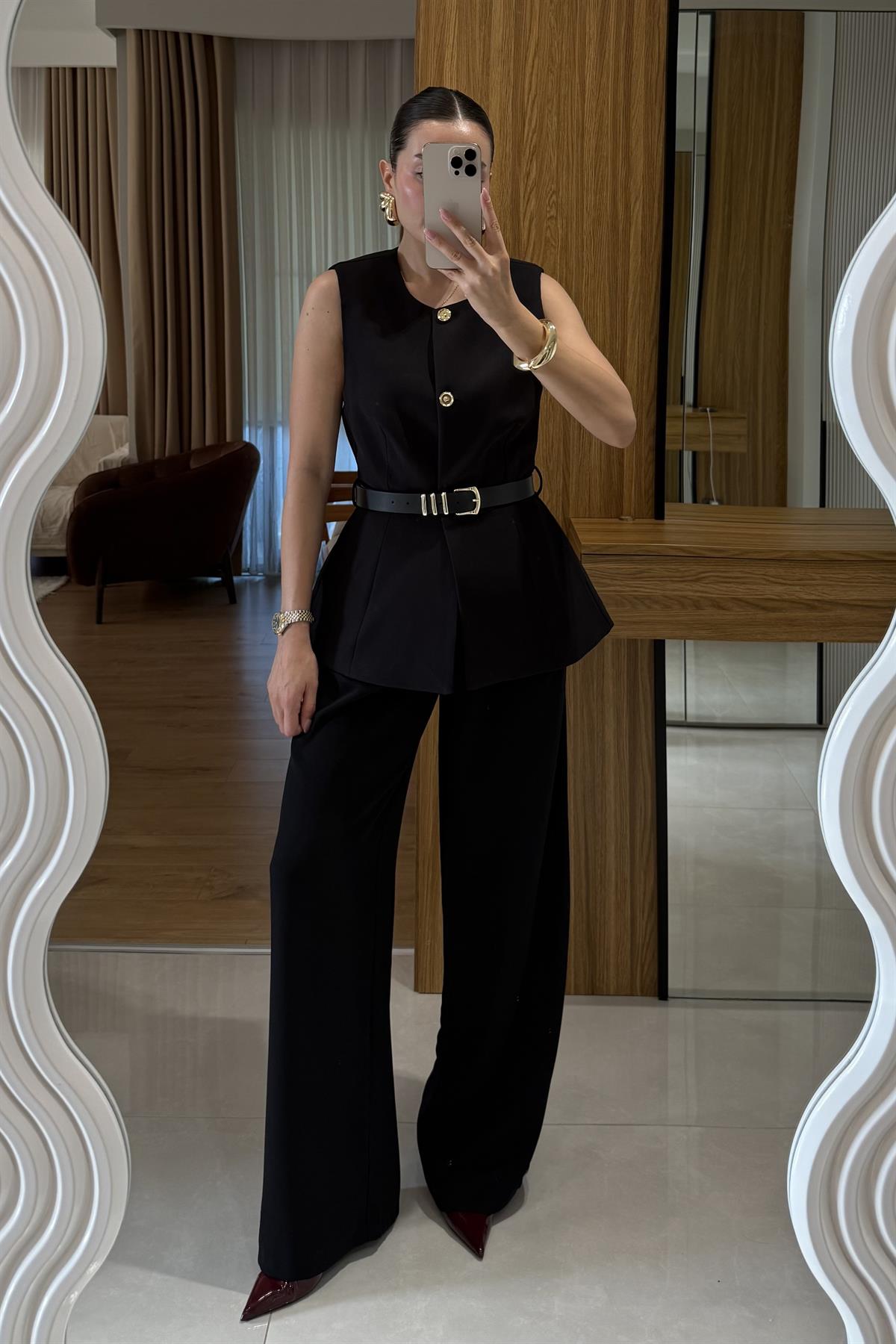 Orlina Siyah Palazzo Pileli Pantolon