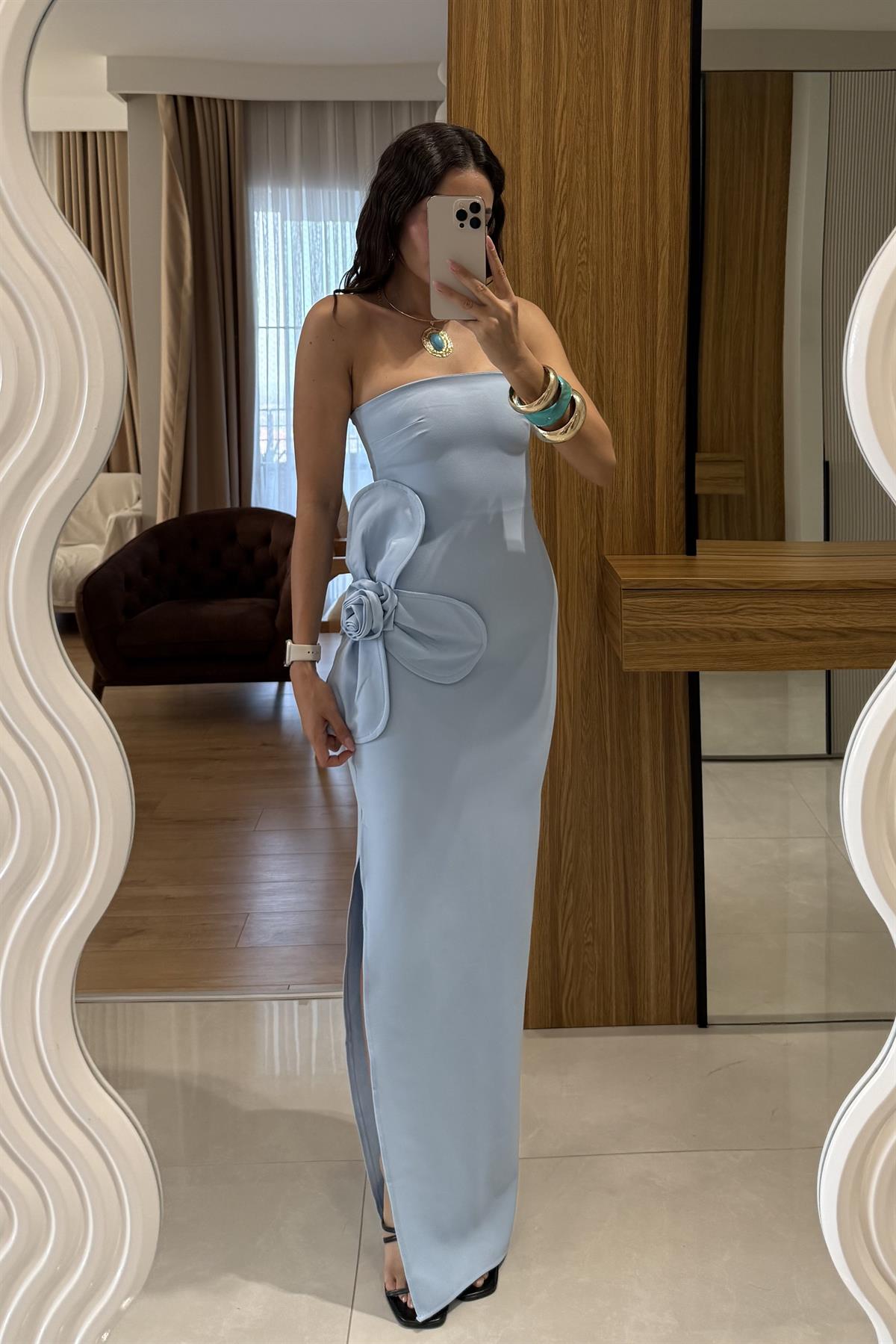 Orselle Mavi Gül Detaylı Straplez Elbise