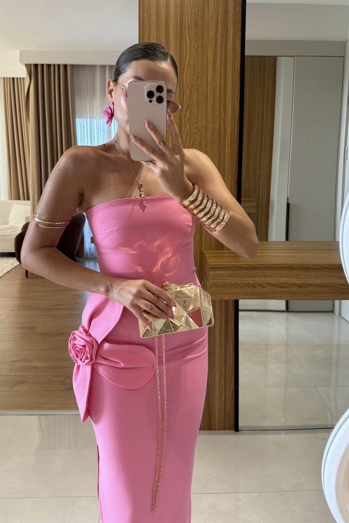 Orselle Pembe Gül Detaylı Straplez Elbise