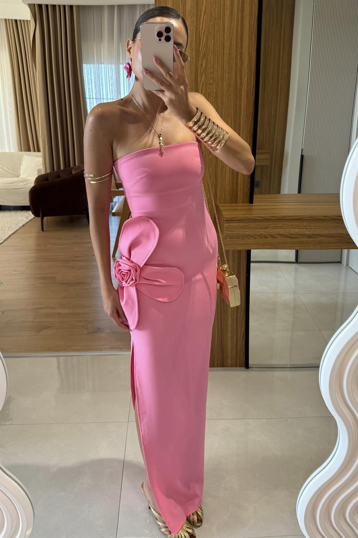 Orselle Pembe Gül Detaylı Straplez Elbise